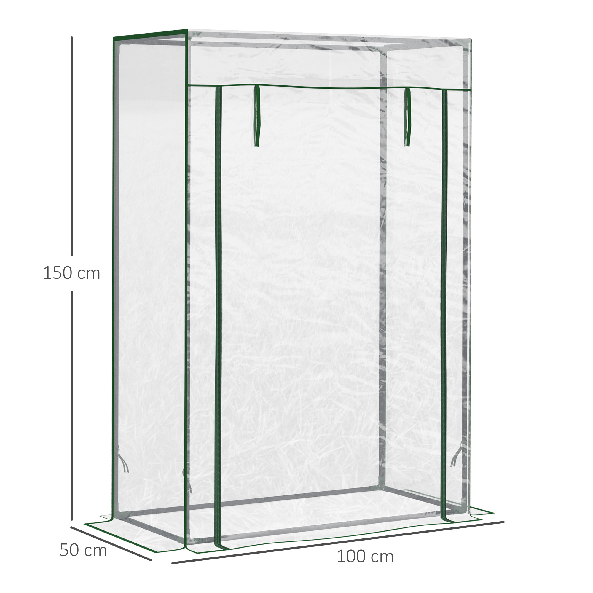Marco de invernadero transparente con borde verde, mide 150x100x50cm.