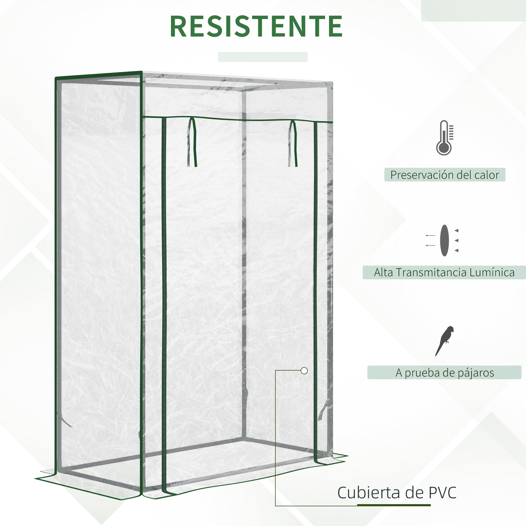 Una cubierta de invernadero transparente con marco verde oscuro.