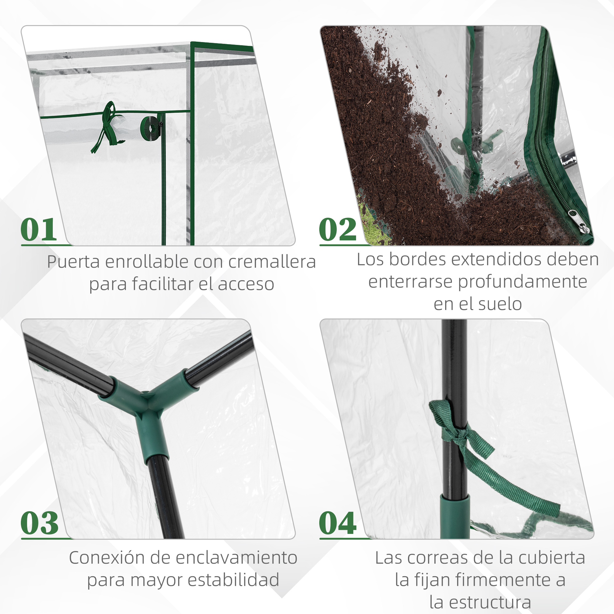 Vistas detalladas de un invernadero: puerta, borde del suelo, juntas y correas.