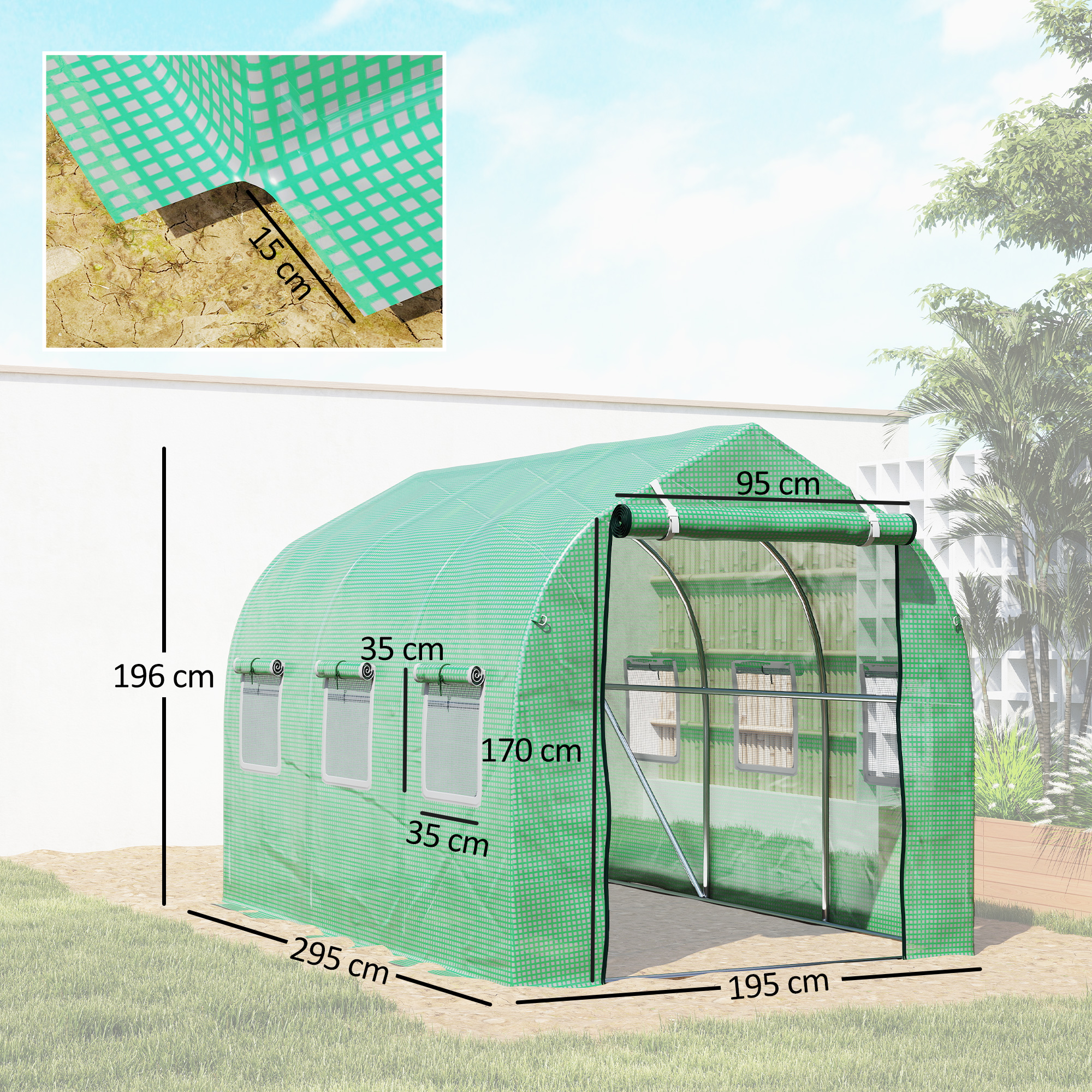 Invernadero verde con ventanas, dimensiones: 295x195x196 cm.