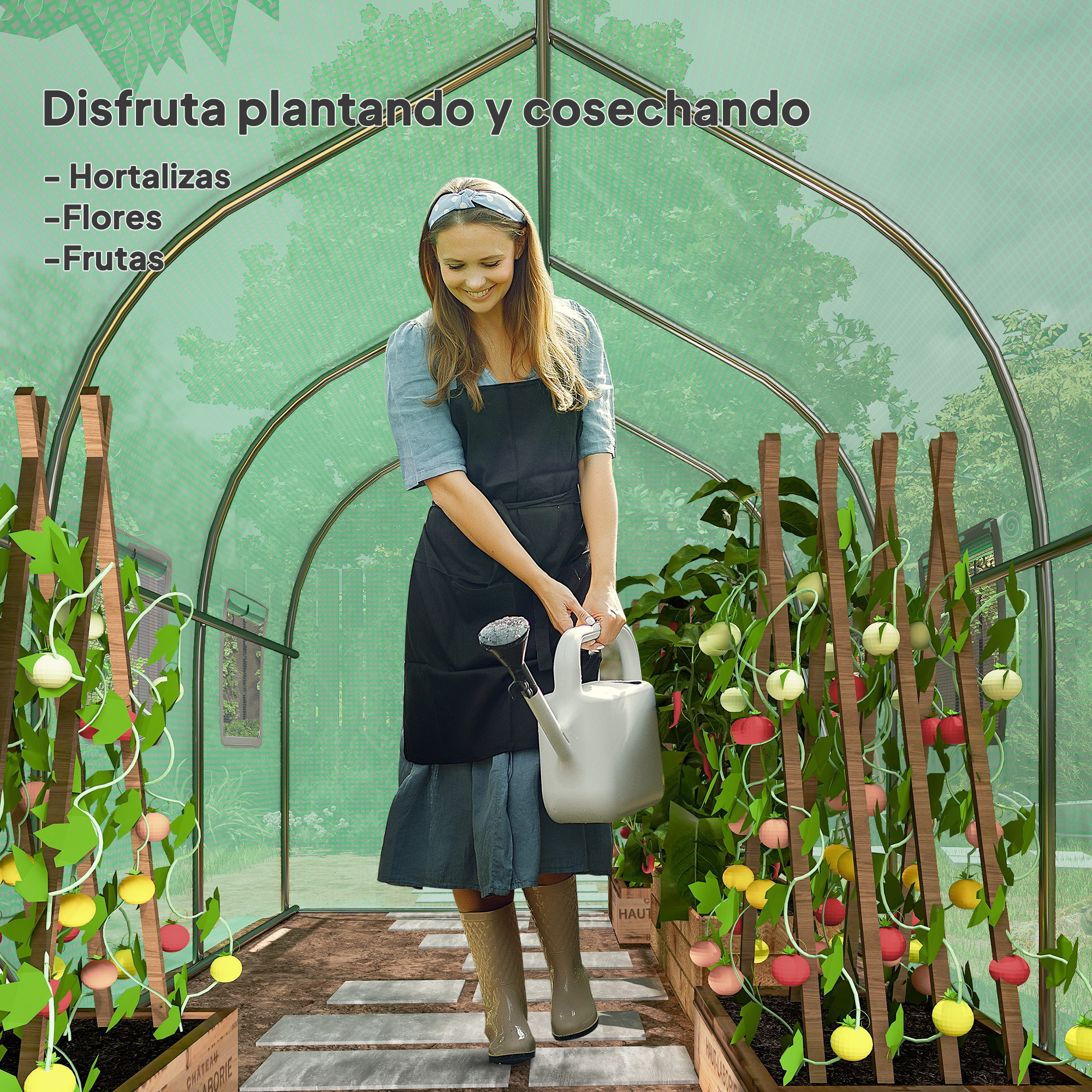 Una mujer regando plantas en un invernadero con tomates y verduras.