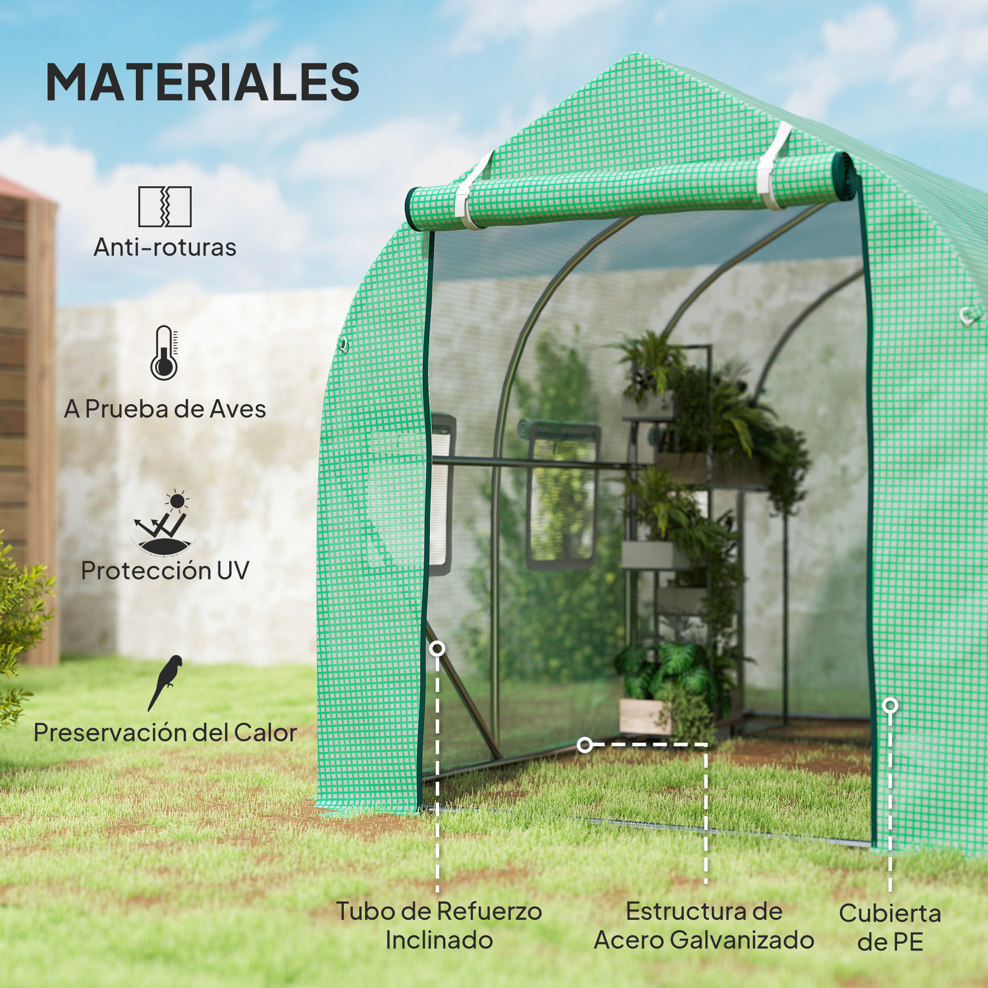 Invernadero verde con plantas, con iconos de propiedades del material.