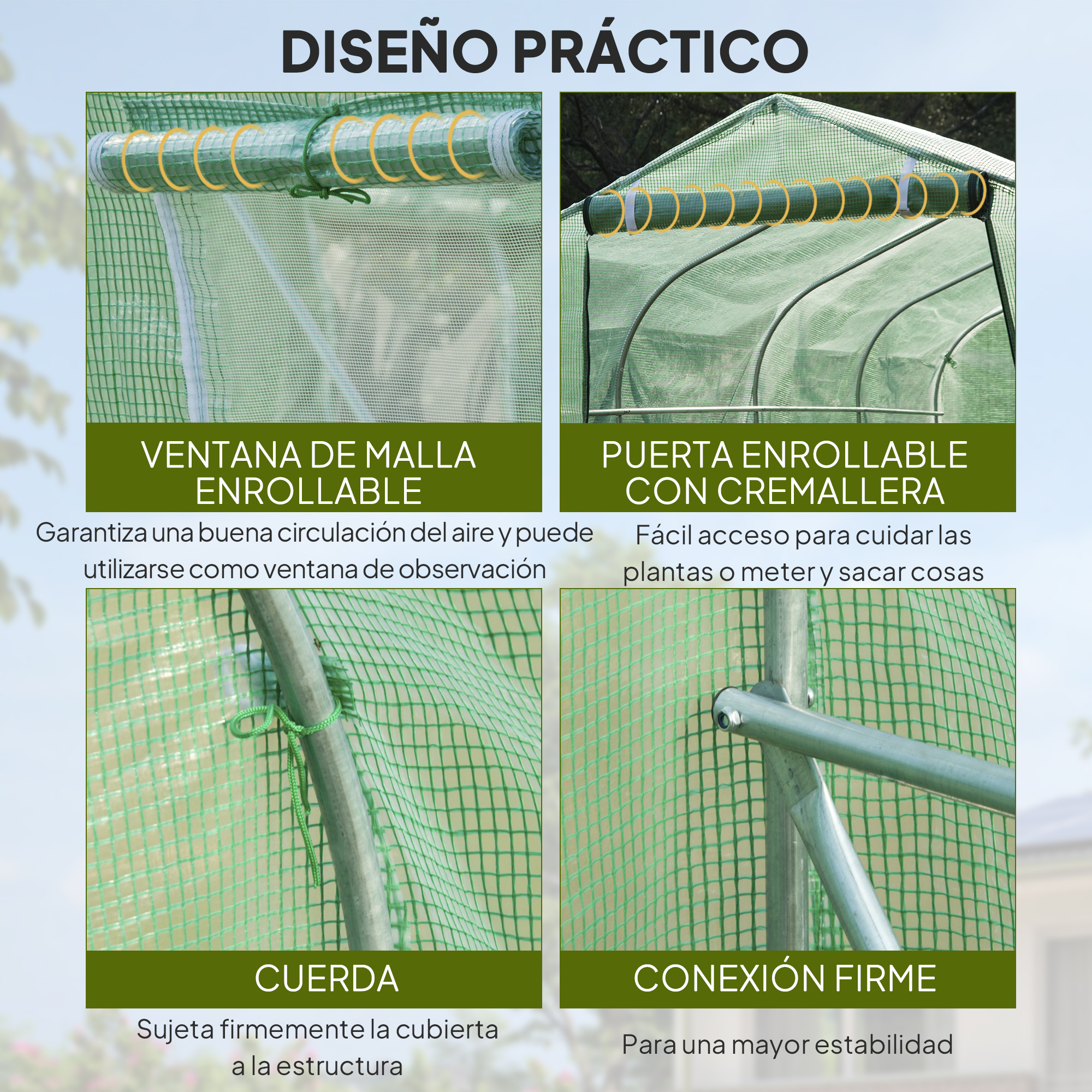 Cuatro detalles de una cubierta de invernadero verde: ventana, puerta, cuerda y conexión.