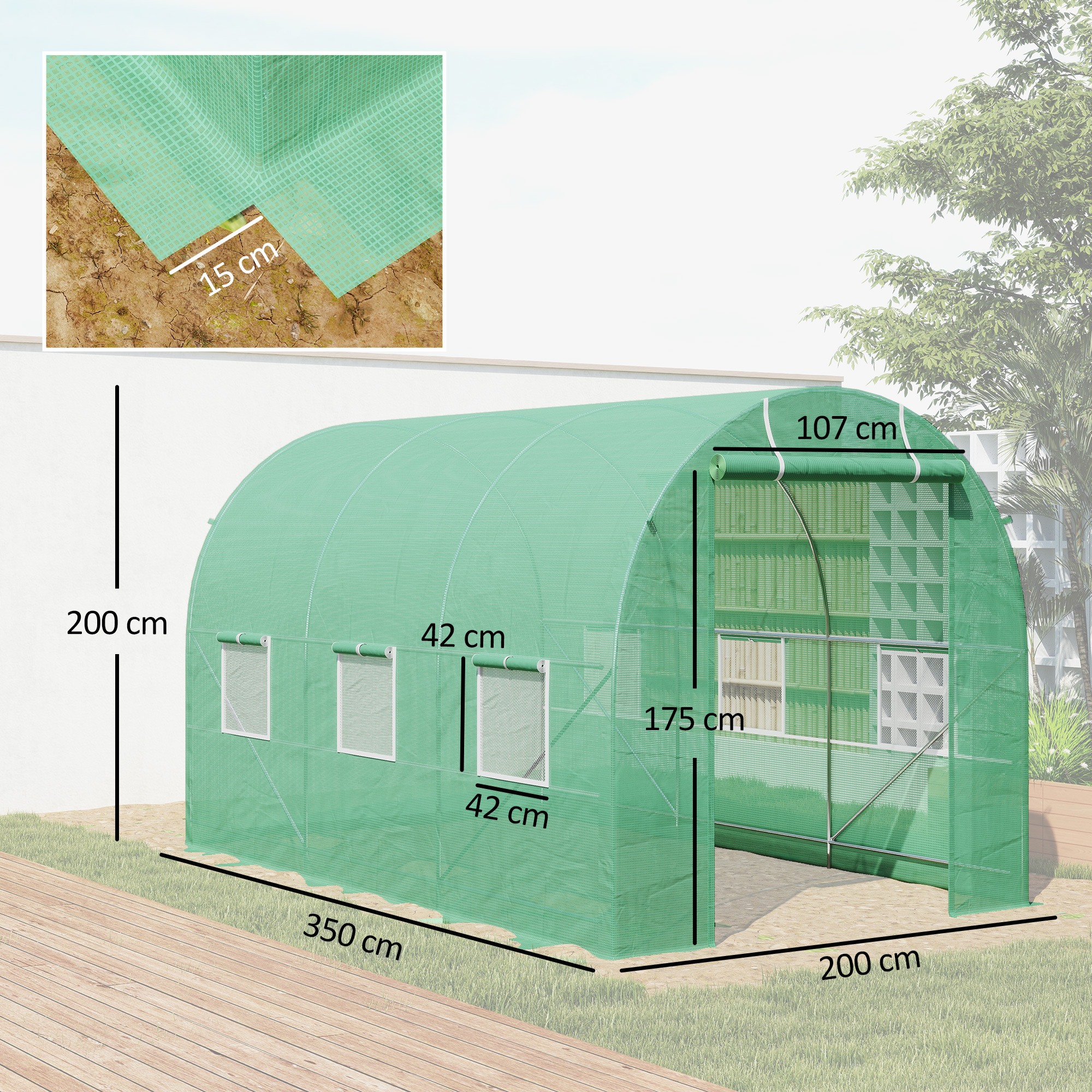 Un invernadero verde con dimensiones mostradas. Tiene ventanas y entrada abierta.