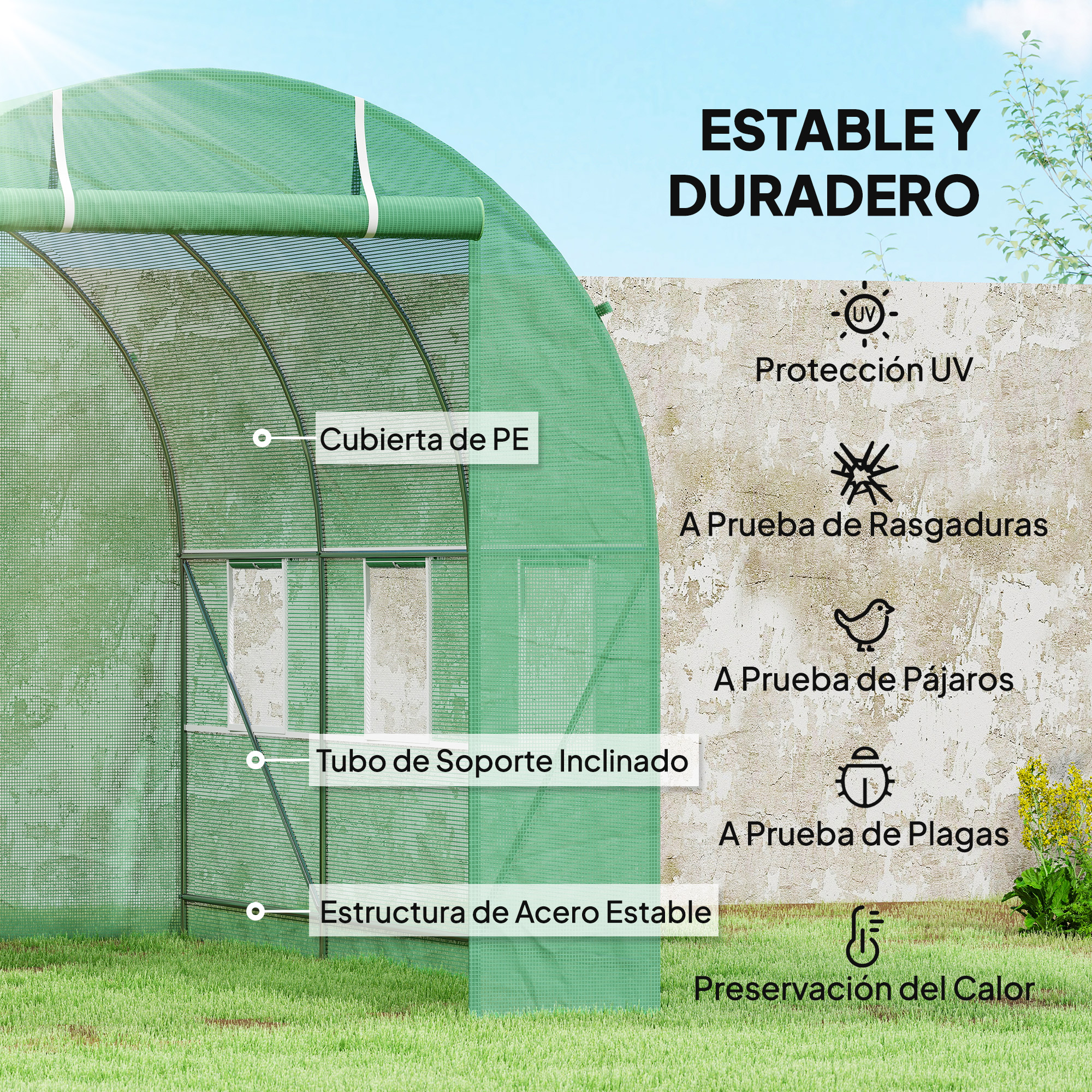 Invernadero con estructura de acero, cubierta de PE, protección UV y preservación del calor.