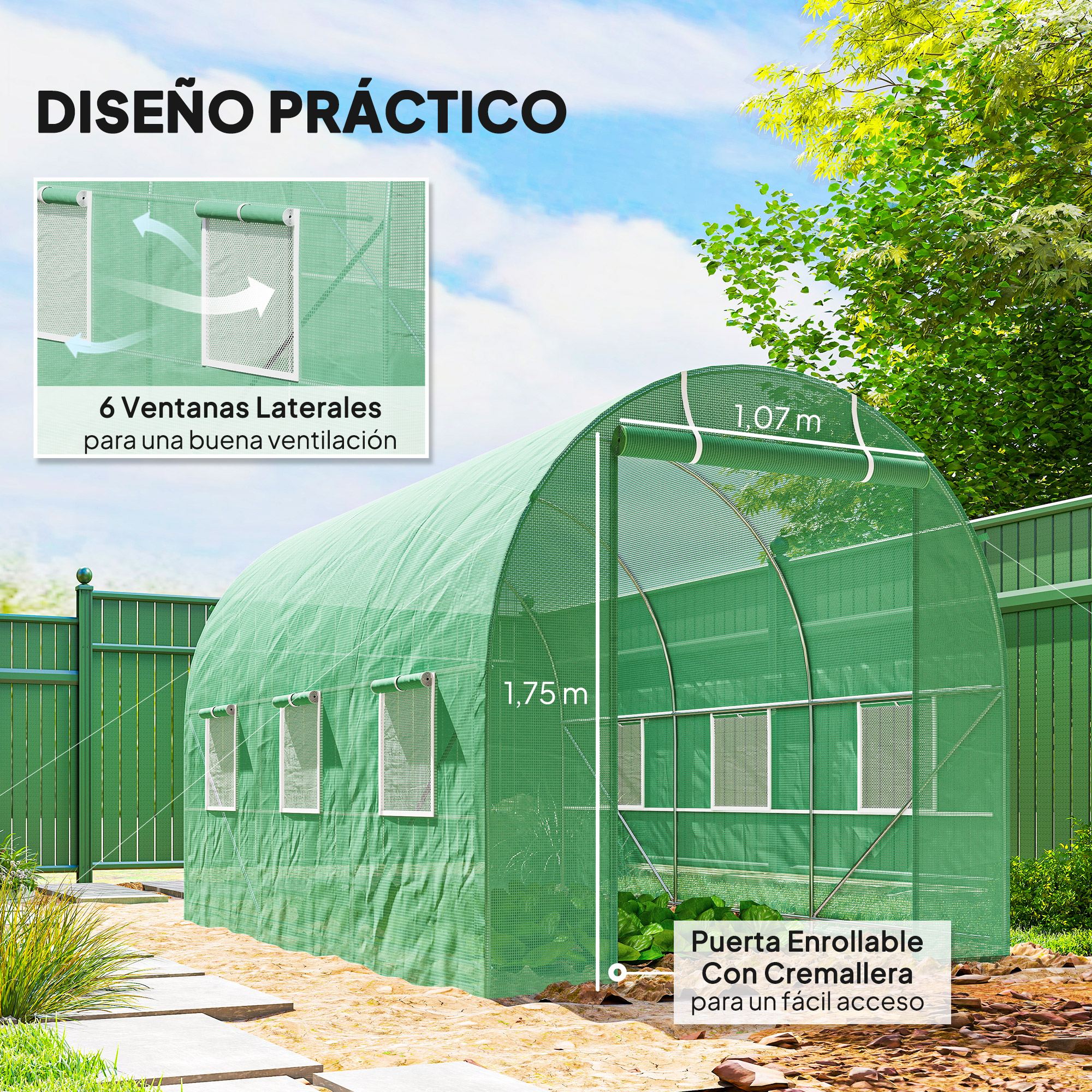 Invernadero verde con puerta enrollable y ventanas. Dimensiones: 1,75 m alto, 1,07 m ancho.