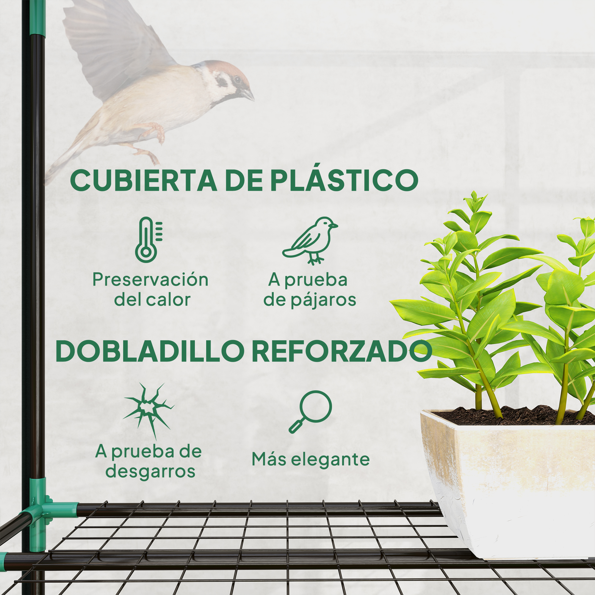 Un pájaro vuela sobre un estante con plantas. Características: 'cubierta de plástico', 'preservación calor'.