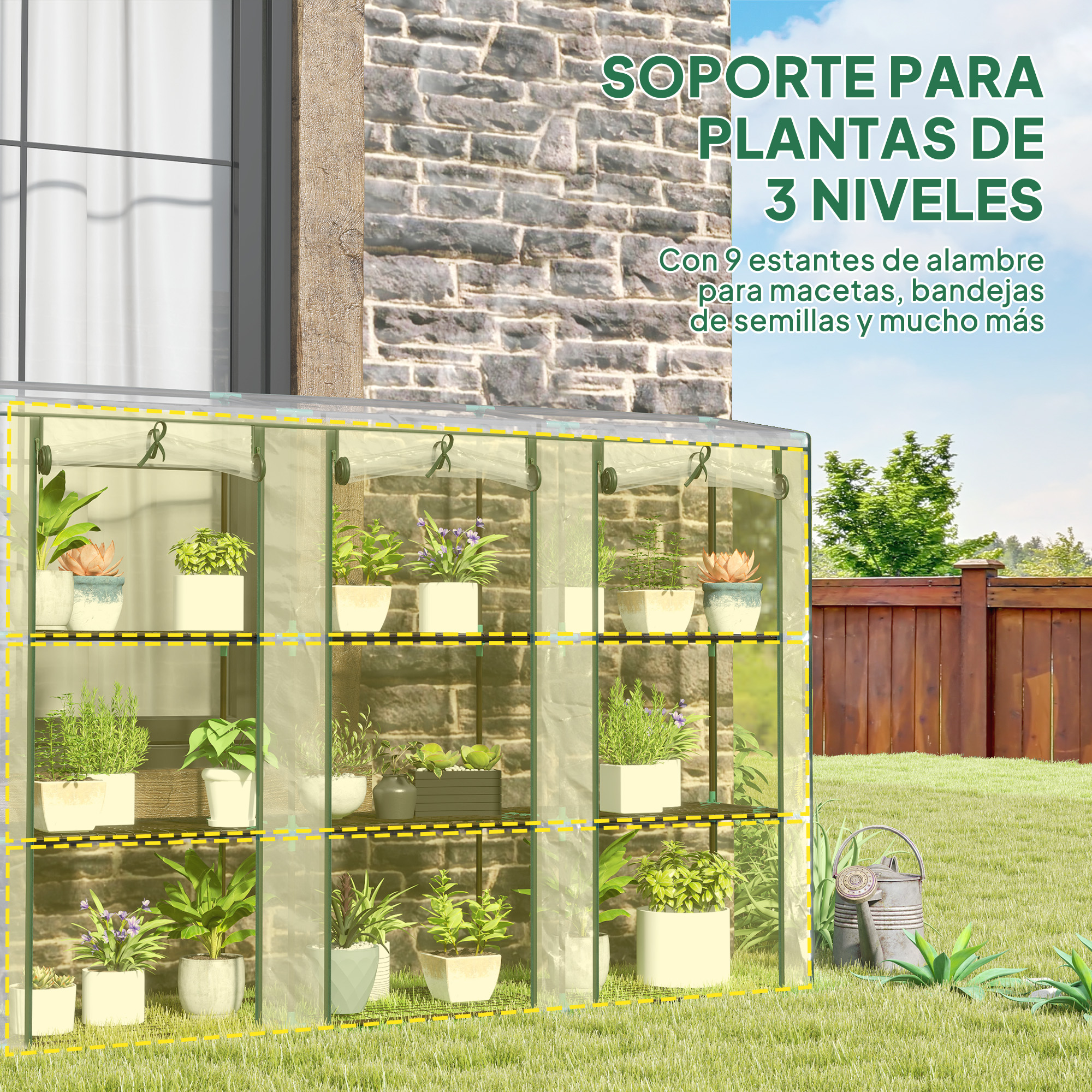 Un invernadero de 3 niveles con 9 estantes llenos de plantas.