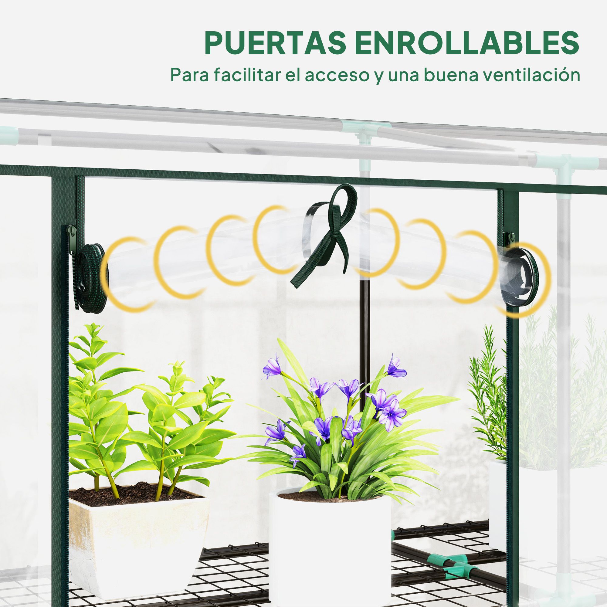Invernadero verde con plantas y ventilaciones. Texto: Puertas enrollables.