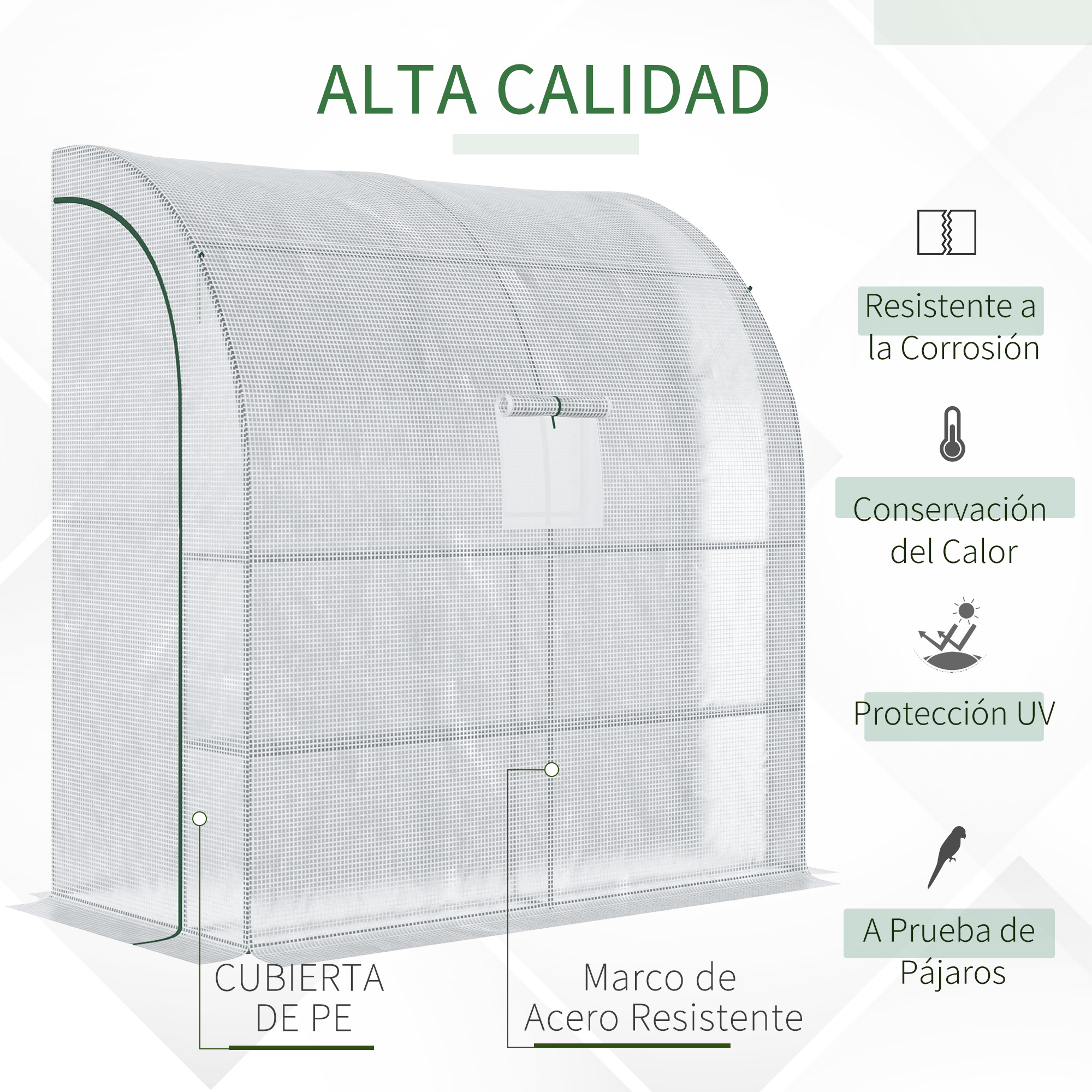 Un invernadero blanco con marco de acero y cubierta de PE, resistente a la corrosión y UV.