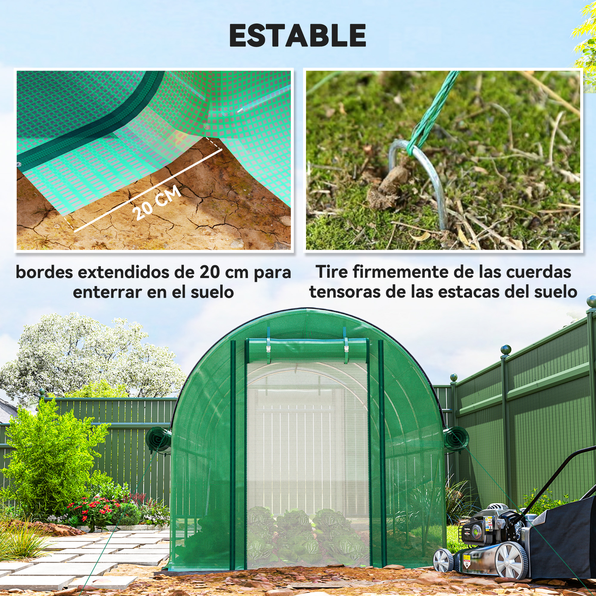 Invernadero verde con cortacésped y estacas, borde de 20 cm para anclar.