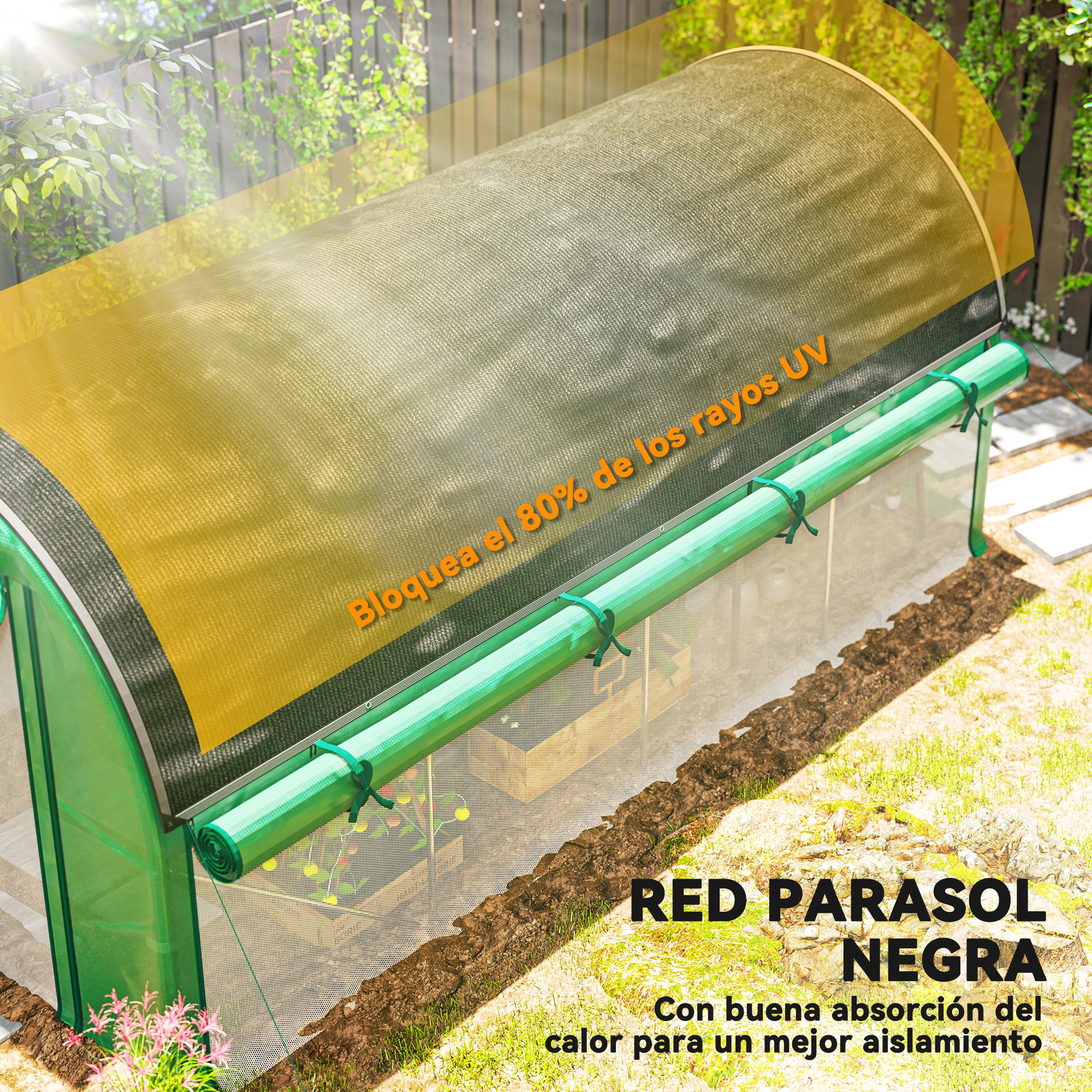 Invernadero con red parasol negra que bloquea el 80% de los rayos UV.