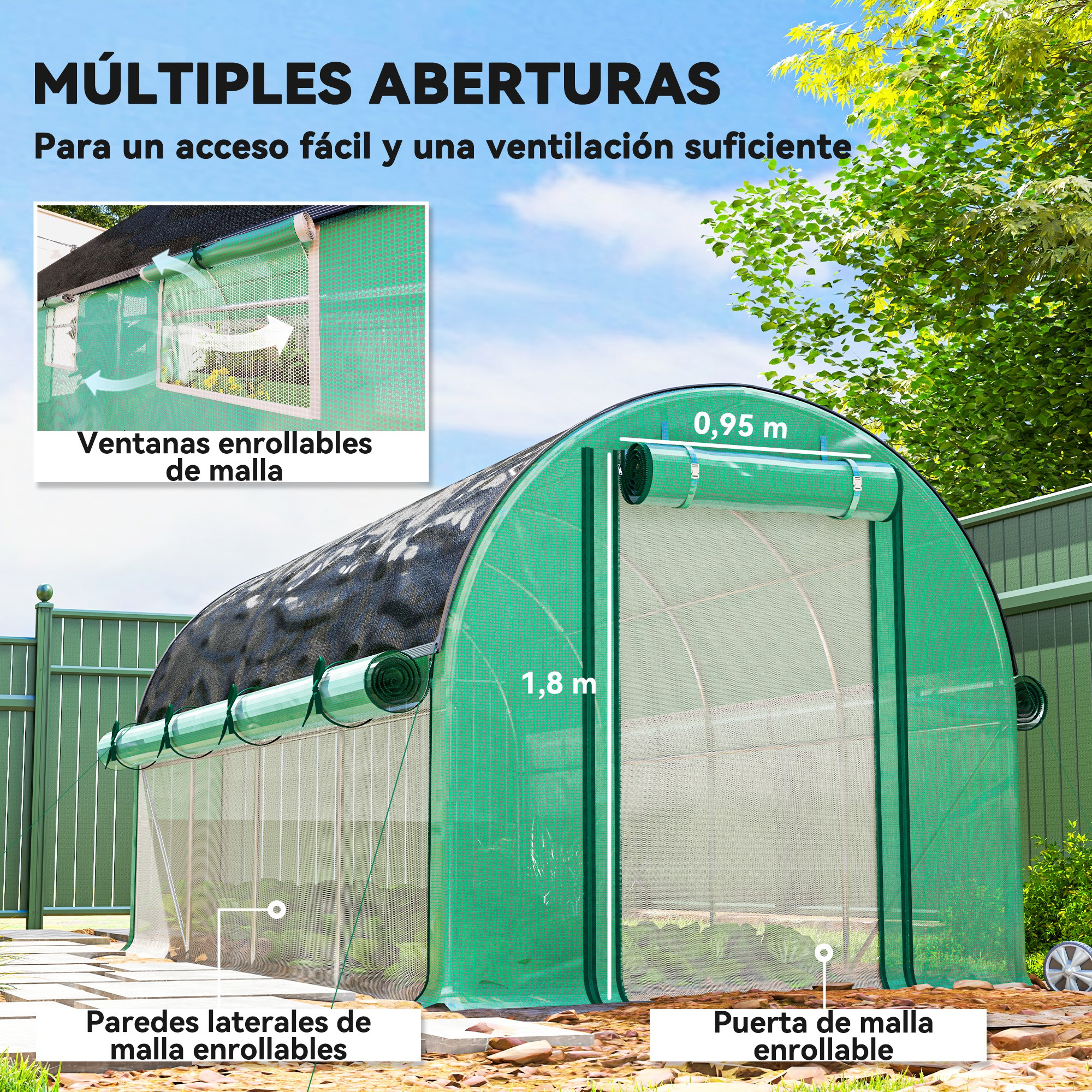 Un invernadero verde con ventanas y puertas enrollables. Medidas 0,95m y 1,8m.