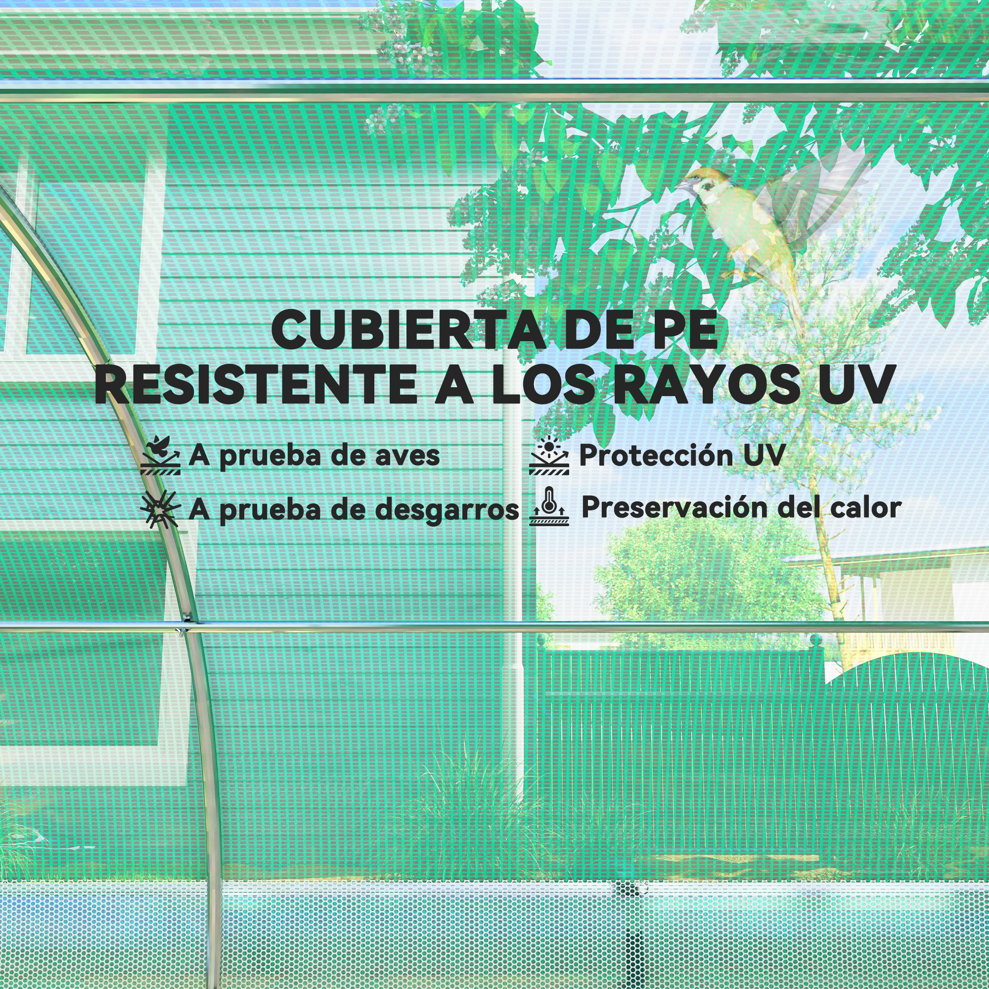 Cubierta verde con aves, protección UV, resistencia al desgarro y conservación calor.