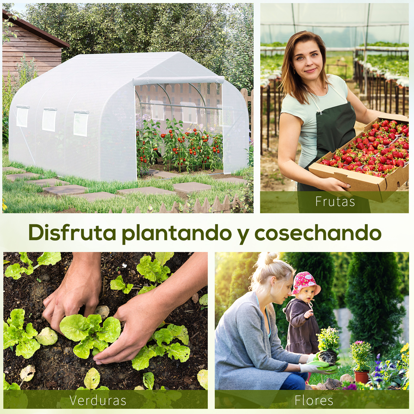 Cuatro escenas de jardín: invernadero, mujer con fresas, plantando, madre con niño.