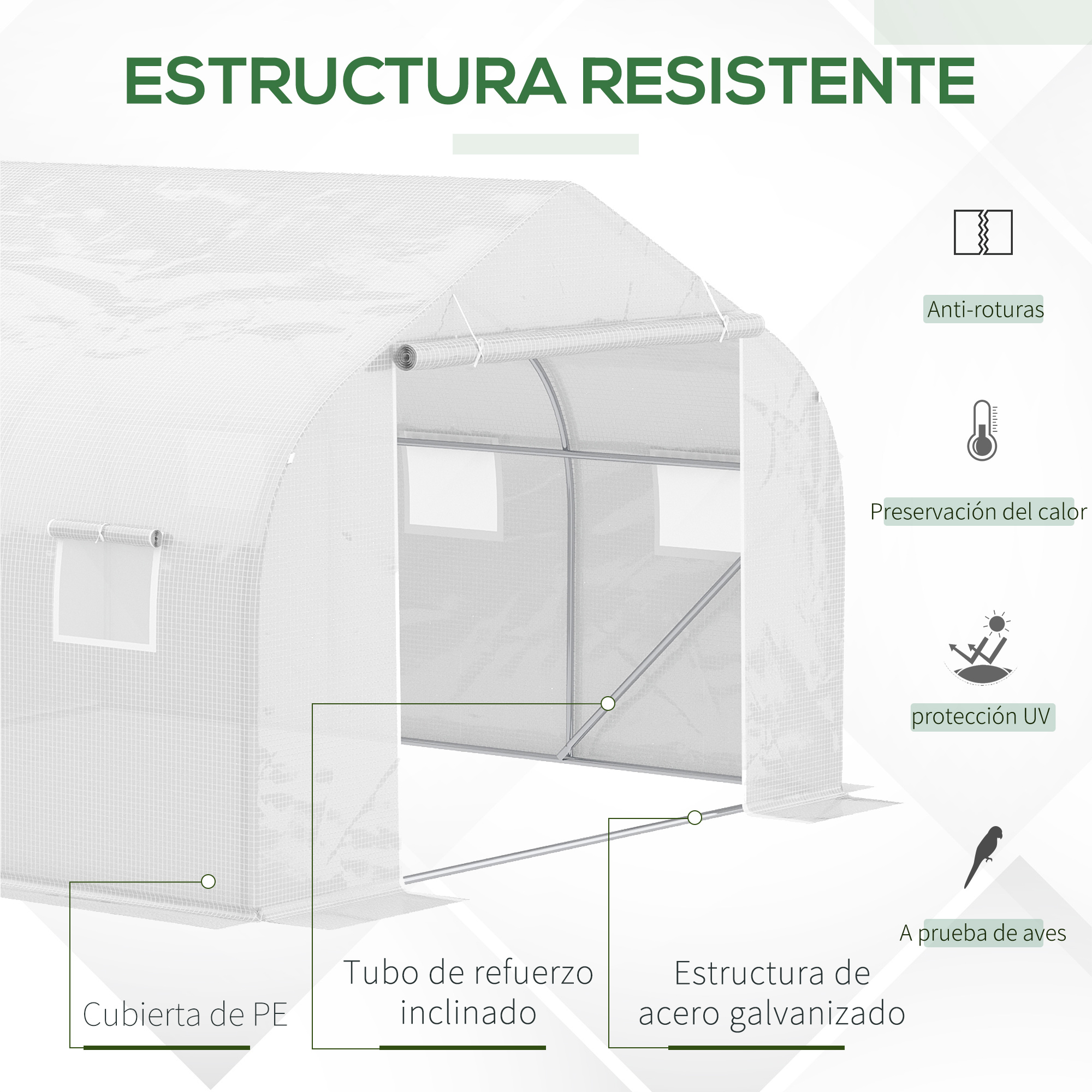 Invernadero con cubierta de PE, marco de acero y ventanas.