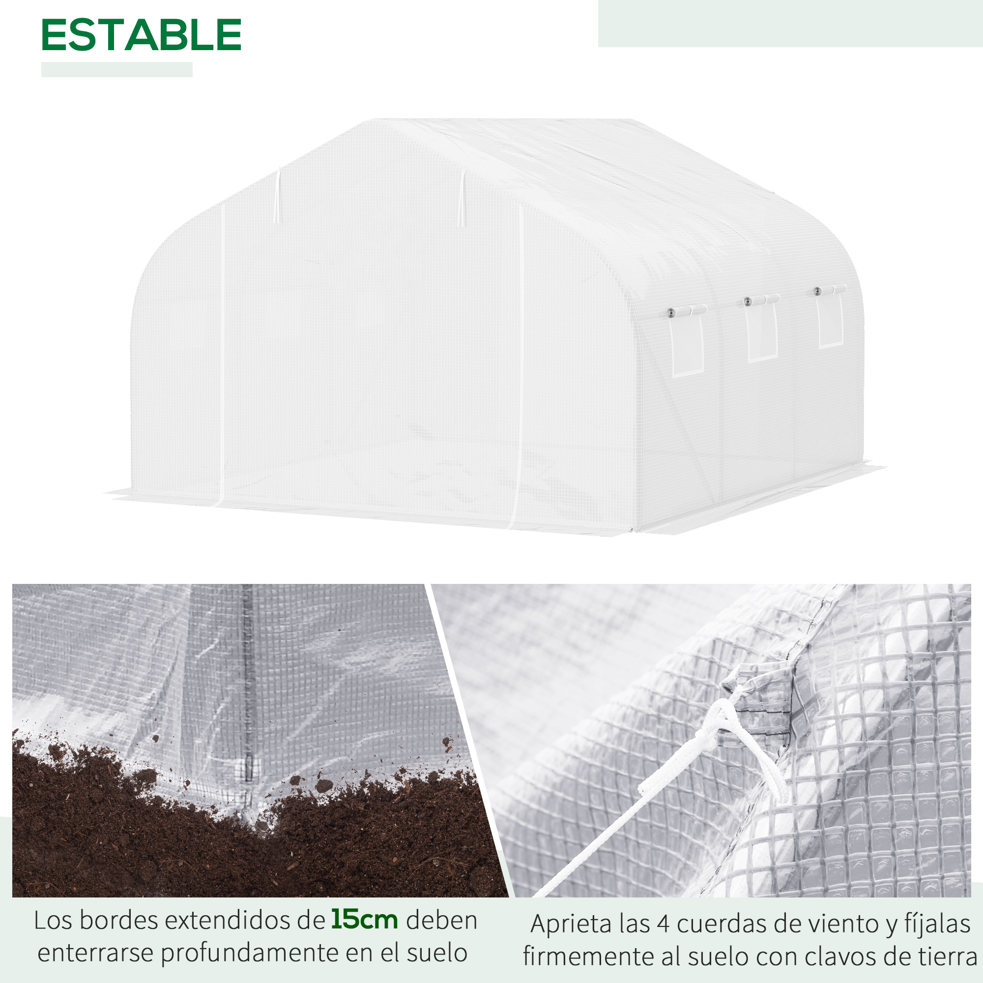 Un invernadero blanco con ventanas y fijación con estacas.