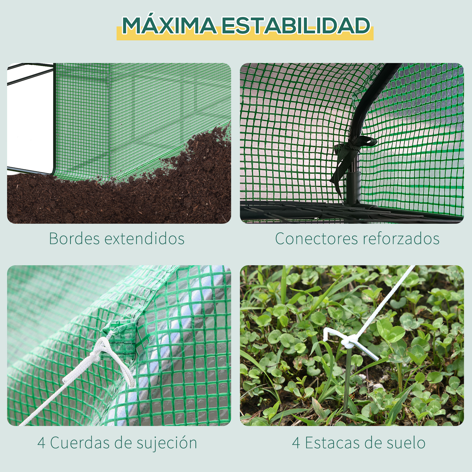 Detalles de invernadero verde: bordes extendidos, conectores reforzados, cuerdas, estacas.