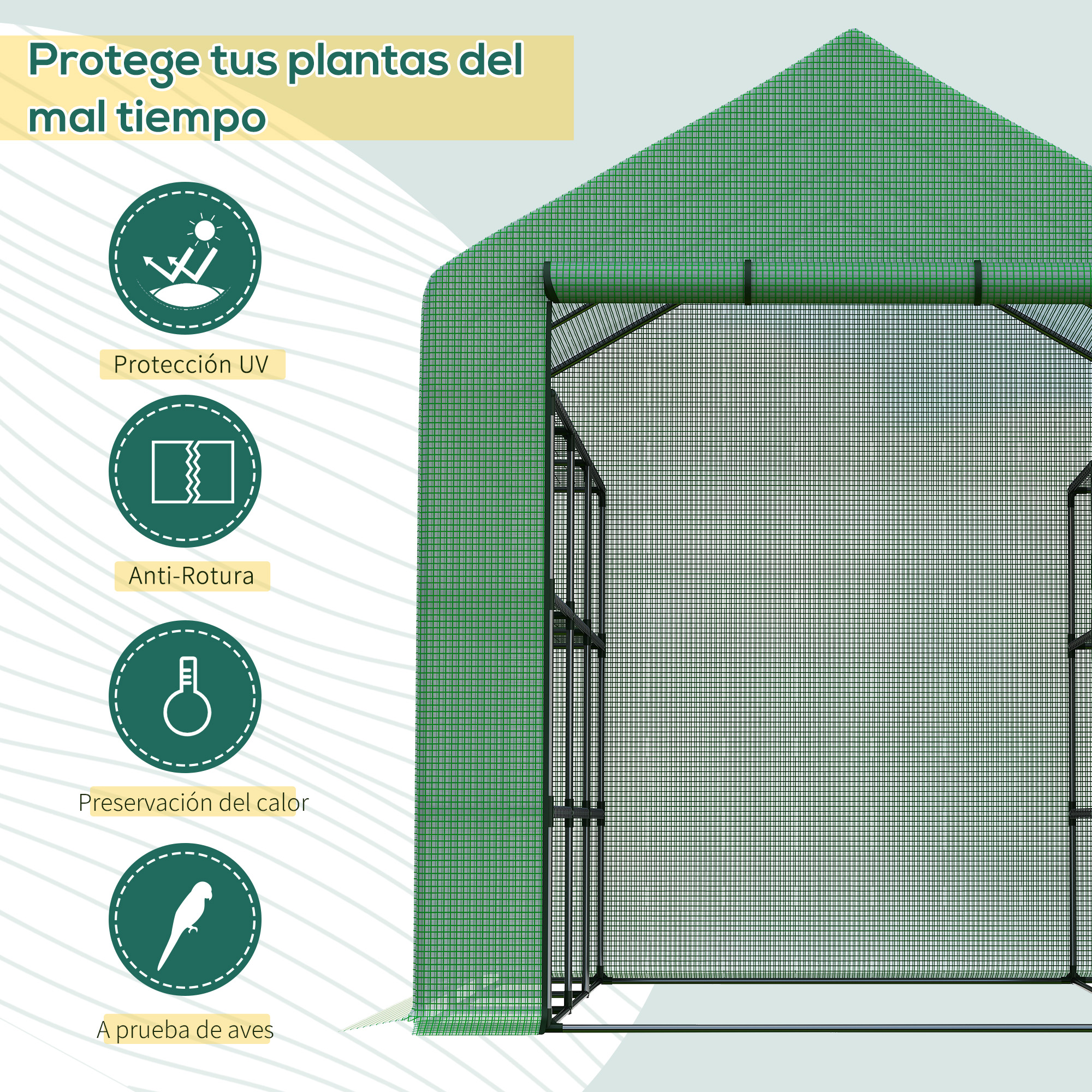 Invernadero verde con iconos de protección UV, anti-rotura, preservación de calor, anti-aves.