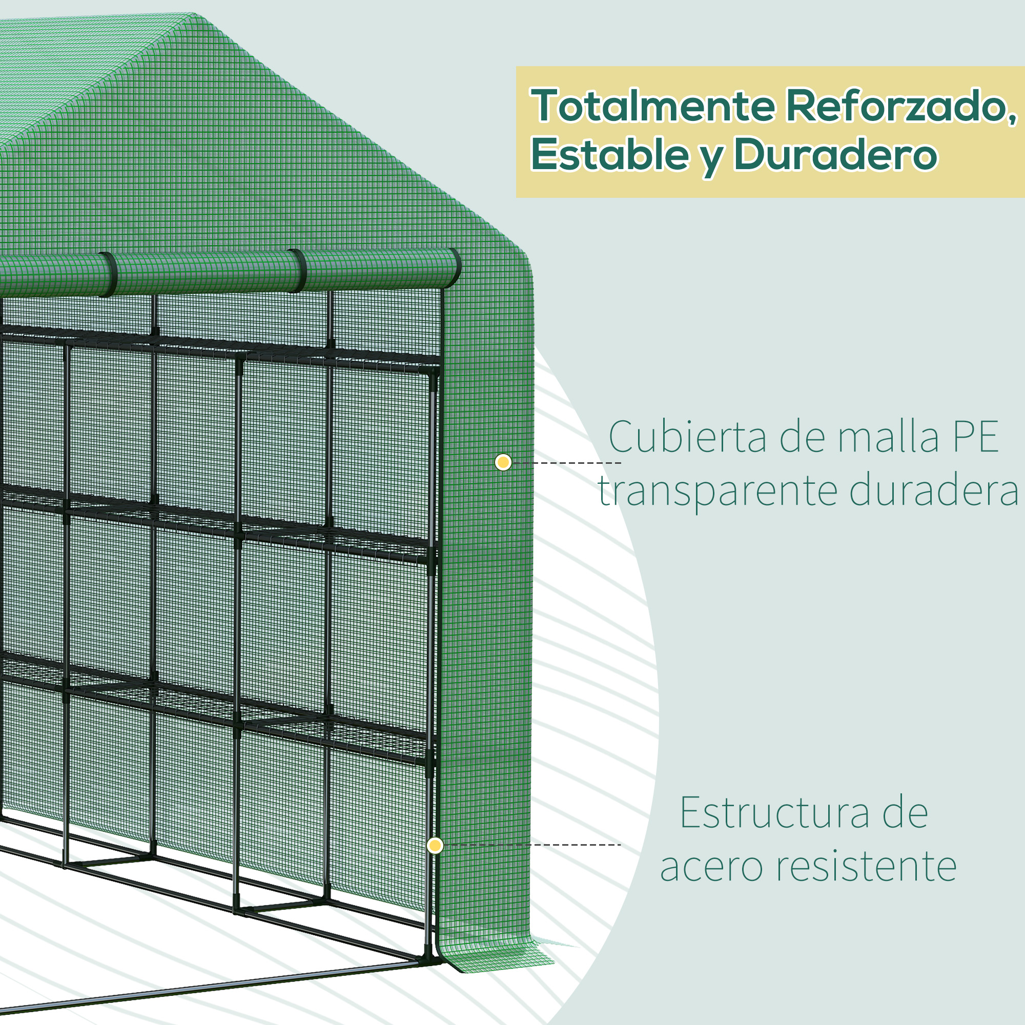 Invernadero verde con marco de acero y cubierta de PE. Reforzado, estable, duradero.
