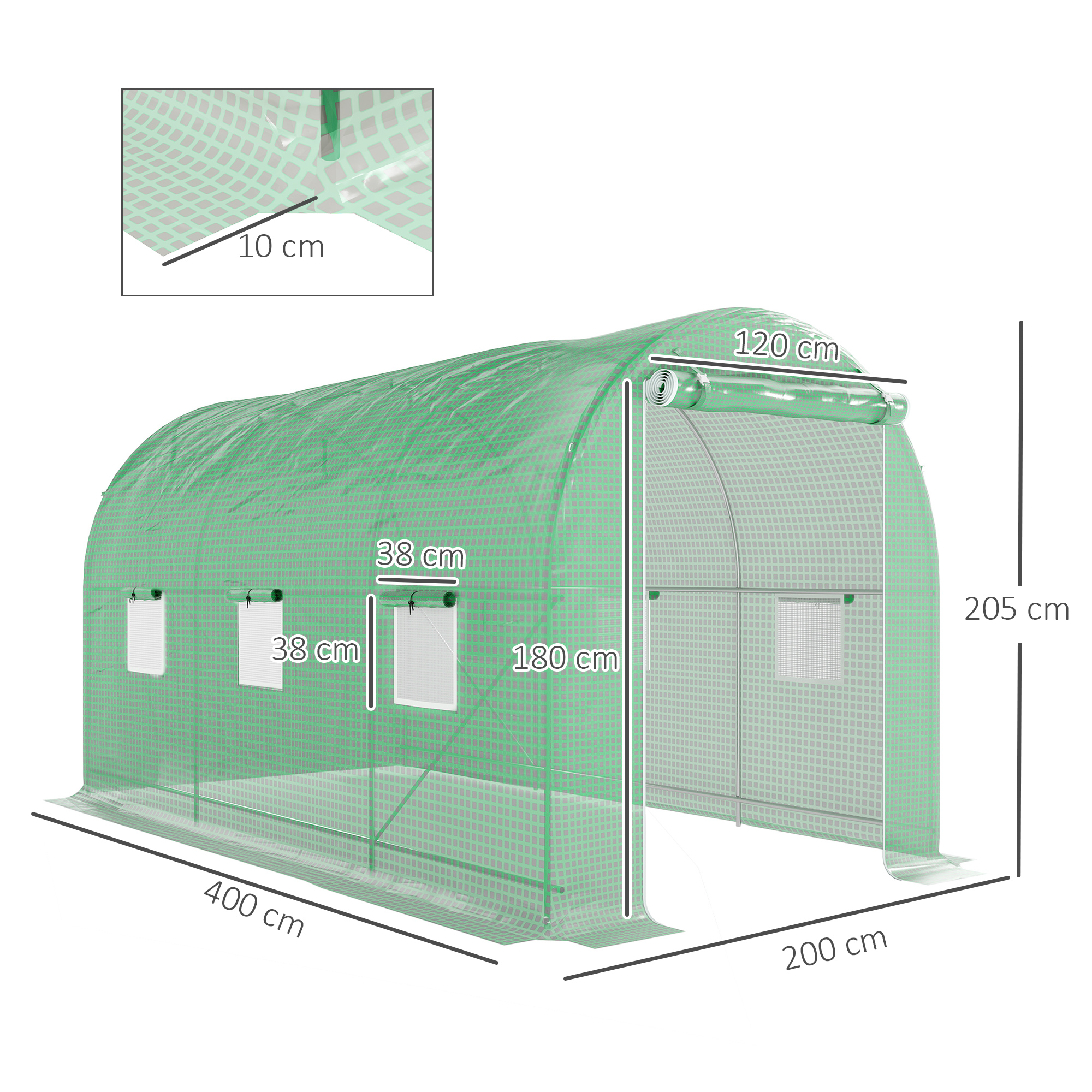 Invernadero verde con dimensiones: 400x200x205 cm, altura 180 cm.