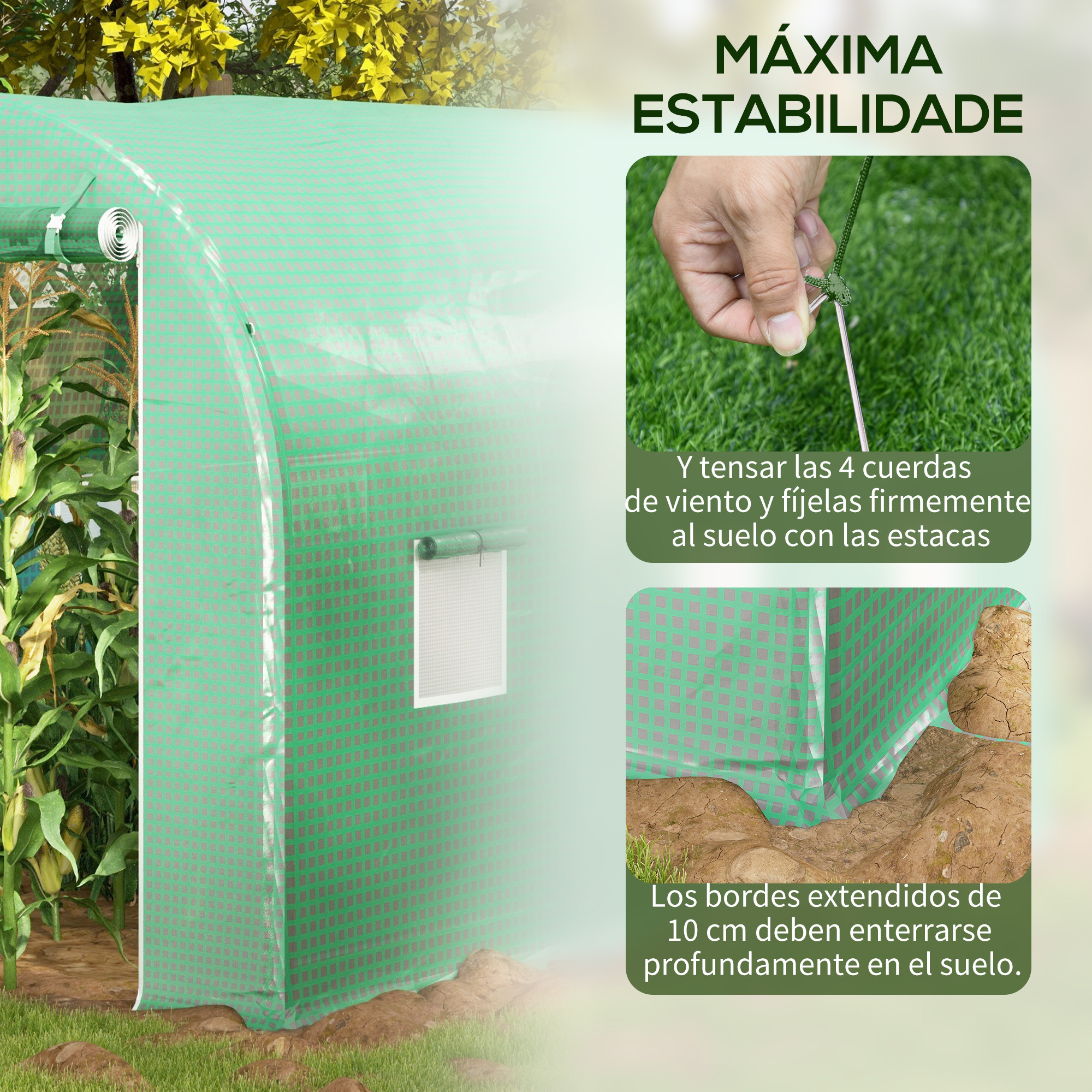 Un invernadero con cubierta de lona de rejilla verde, cuerdas y estacas de fijación.