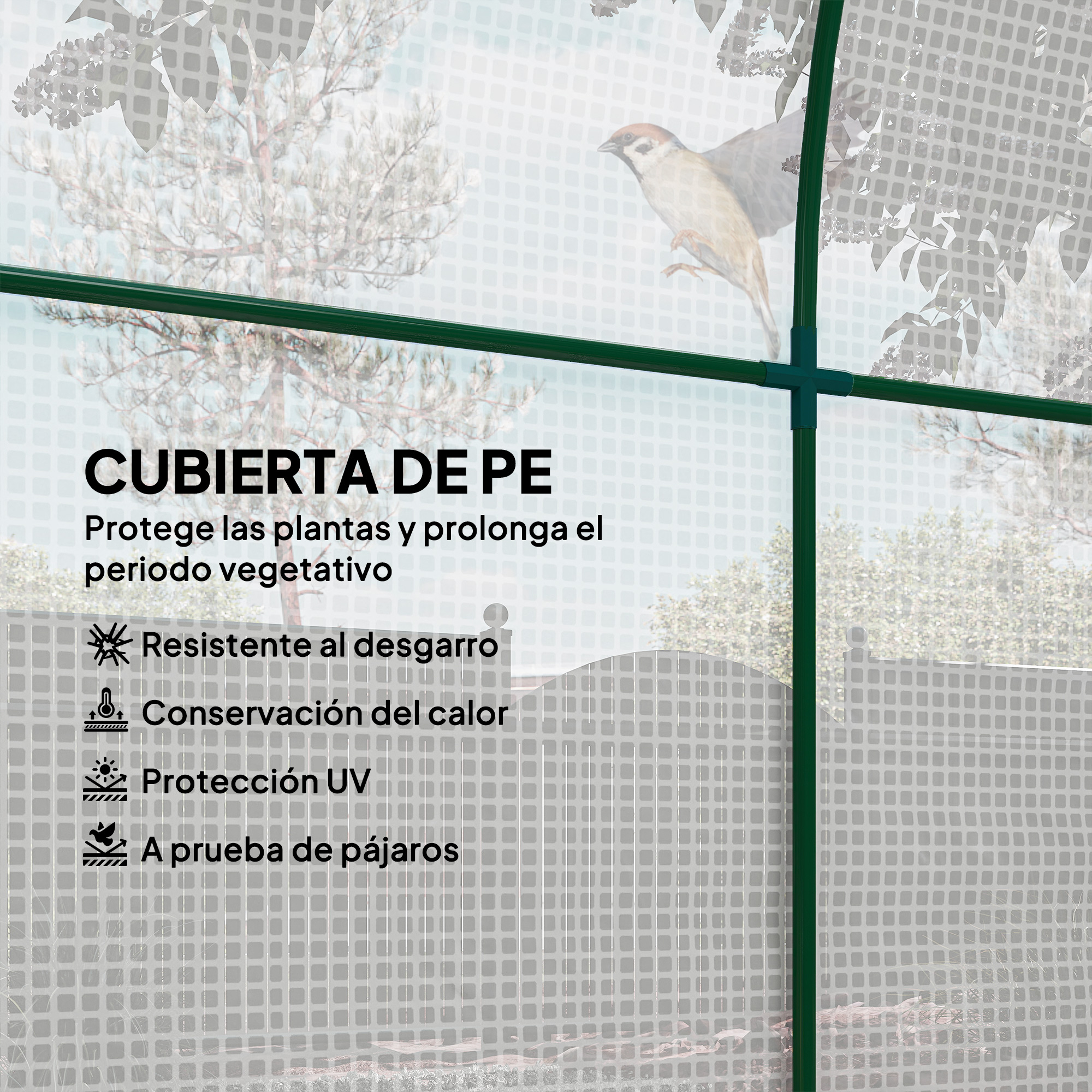 Cubierta de PE protege plantas; vuela un pájaro.