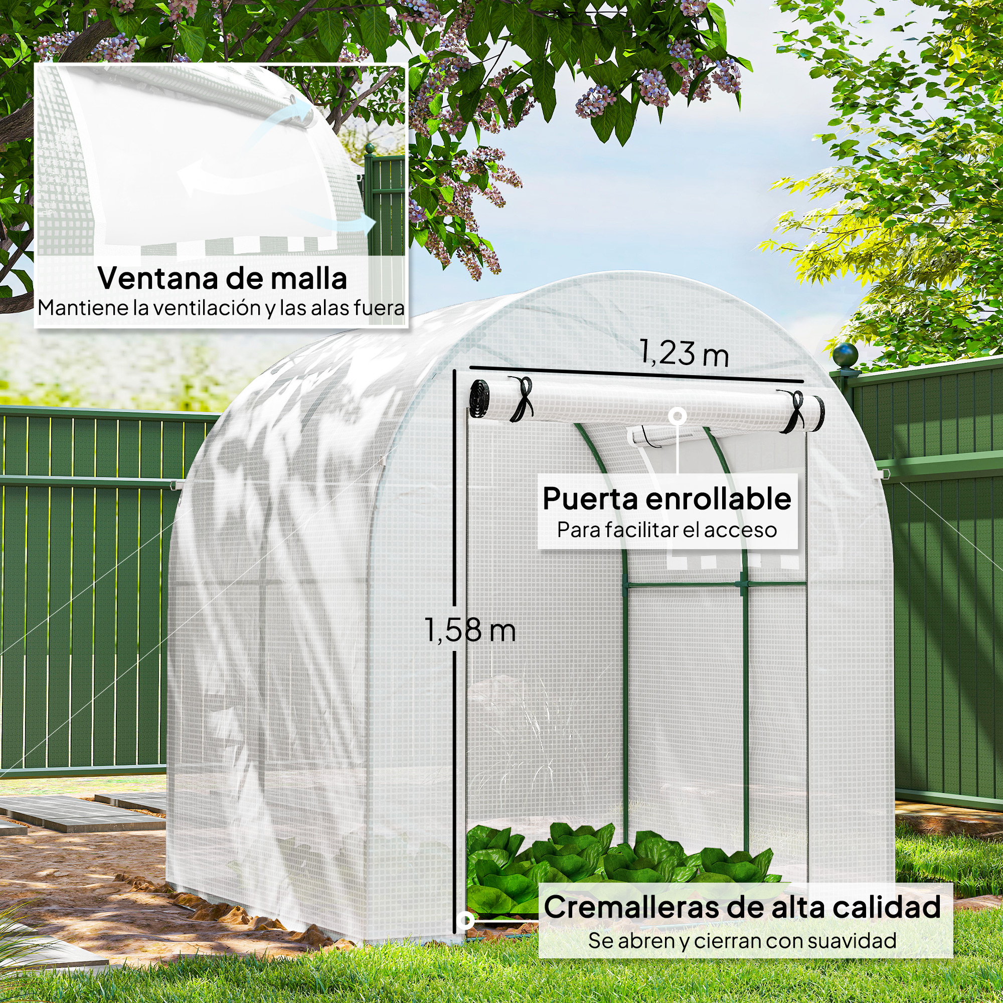 Un invernadero blanco con puerta enrollable y ventana de malla. Medidas 1,23x1,58m.