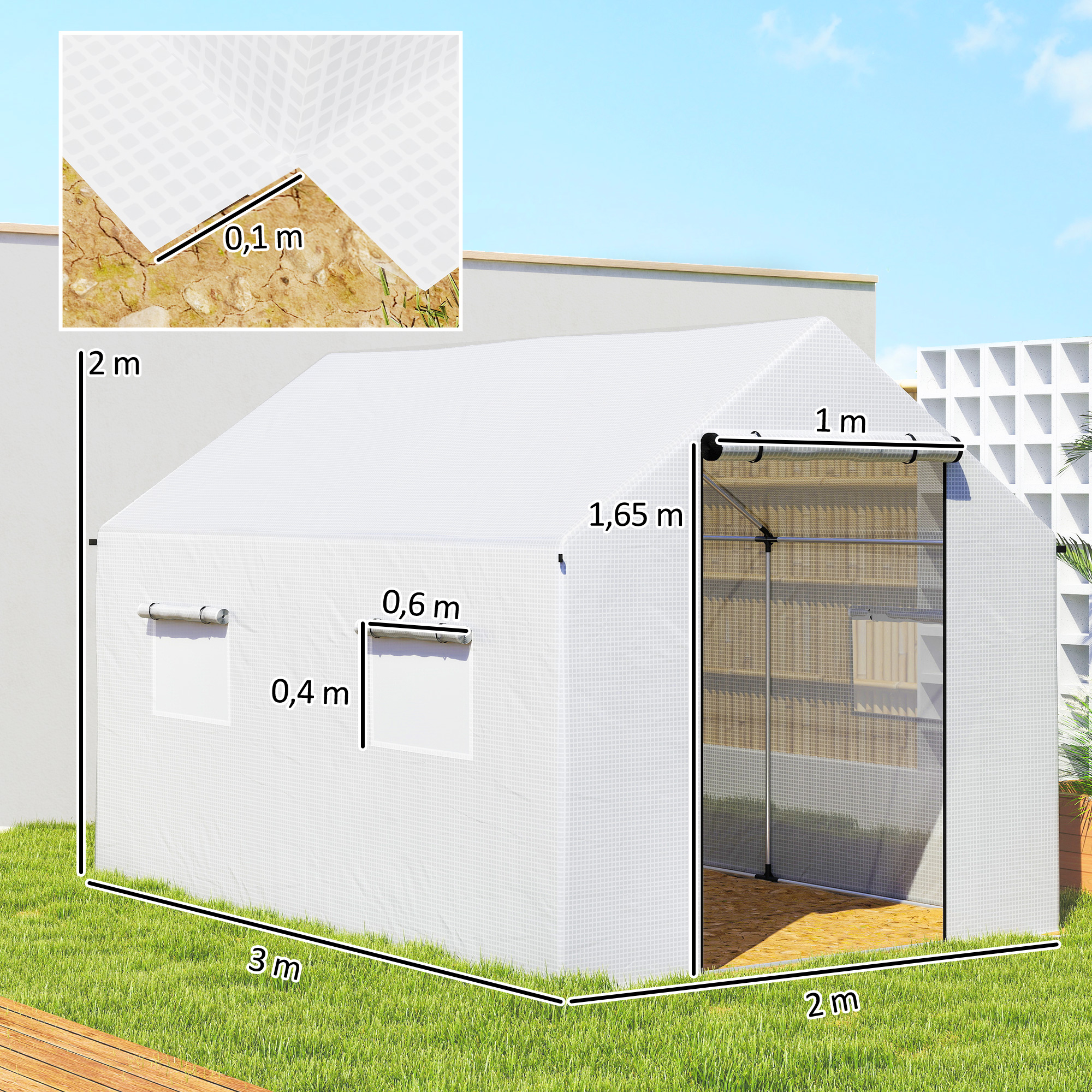 Invernadero blanco con dimensiones 3x2x2m, dos ventanas y una puerta.