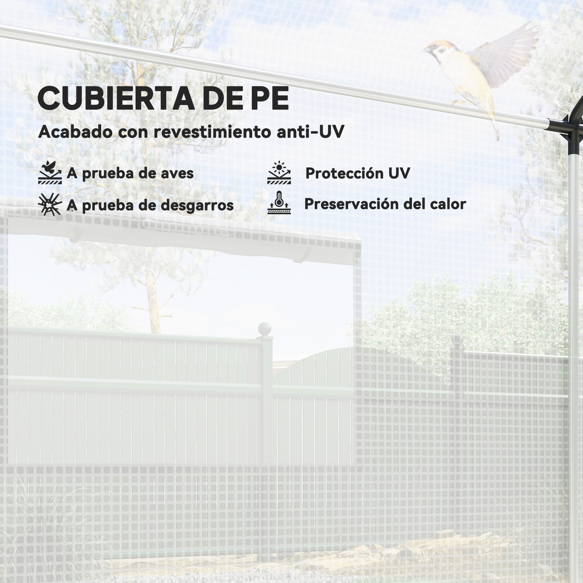 Cubierta de PE con revestimiento anti-UV, a prueba de aves y rasgaduras.