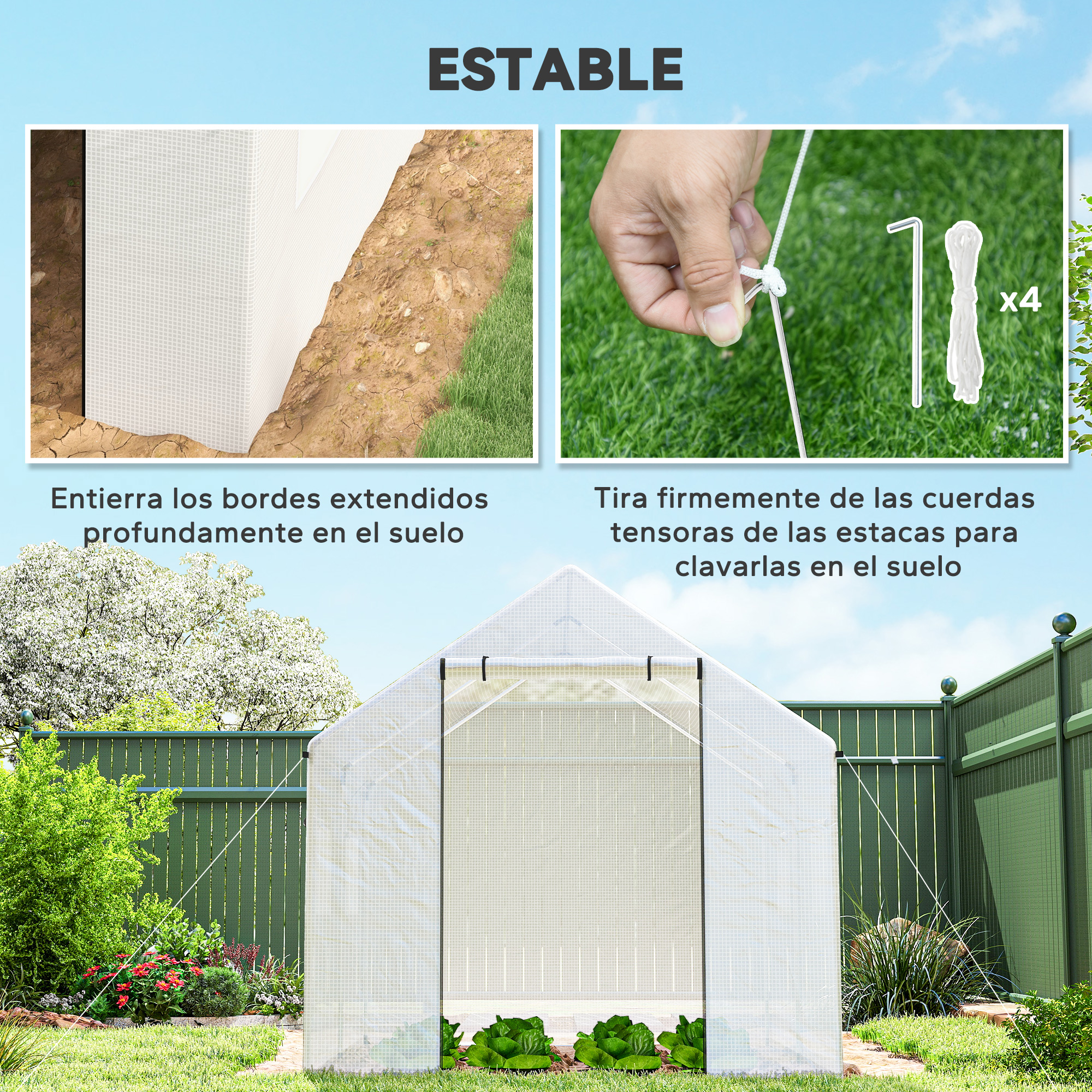 Un invernadero blanco se alza en un jardín con una valla verde al fondo.