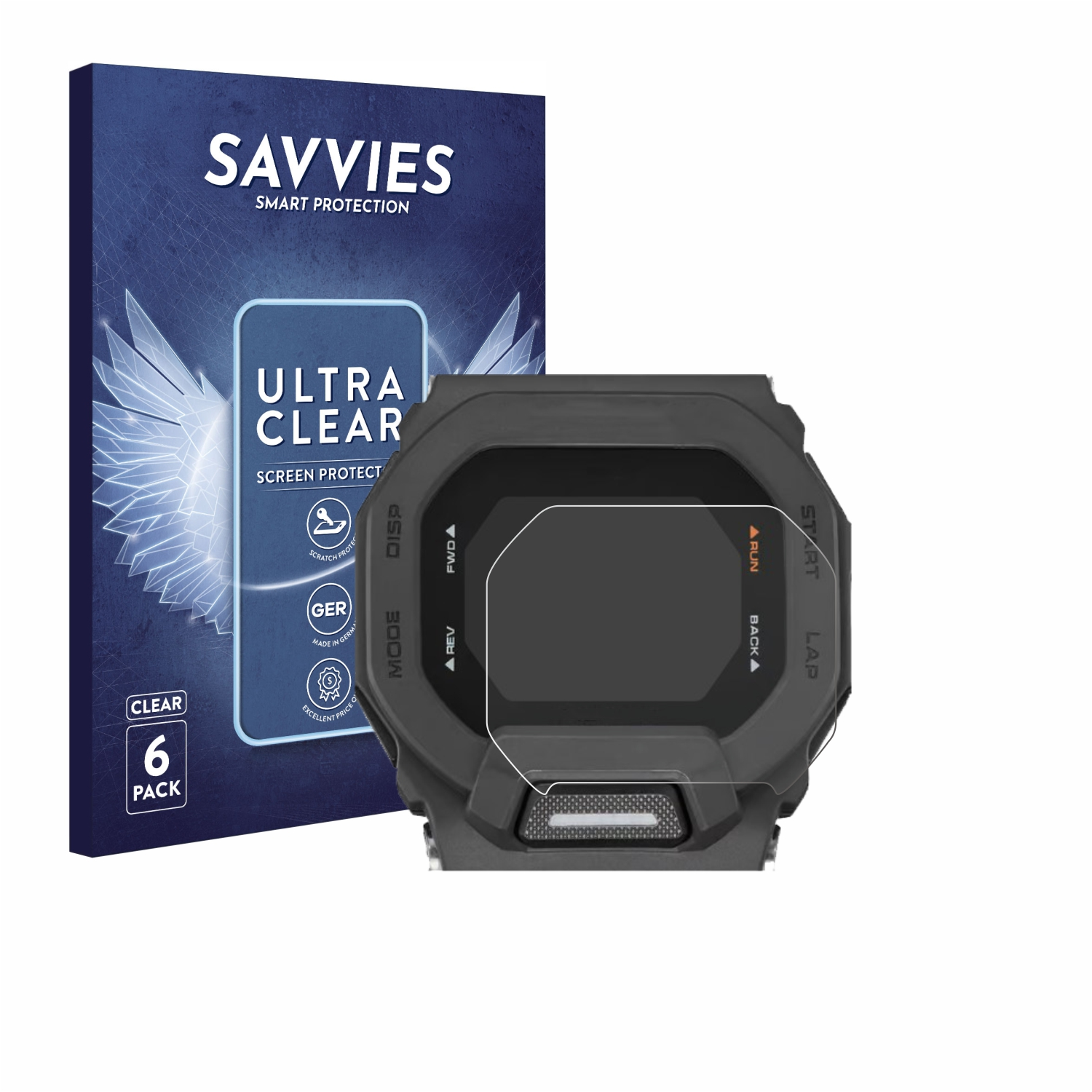 Savvies Ultra Clear 6er Pack Displayschutzfolie auf einer grauen Smartwatch.