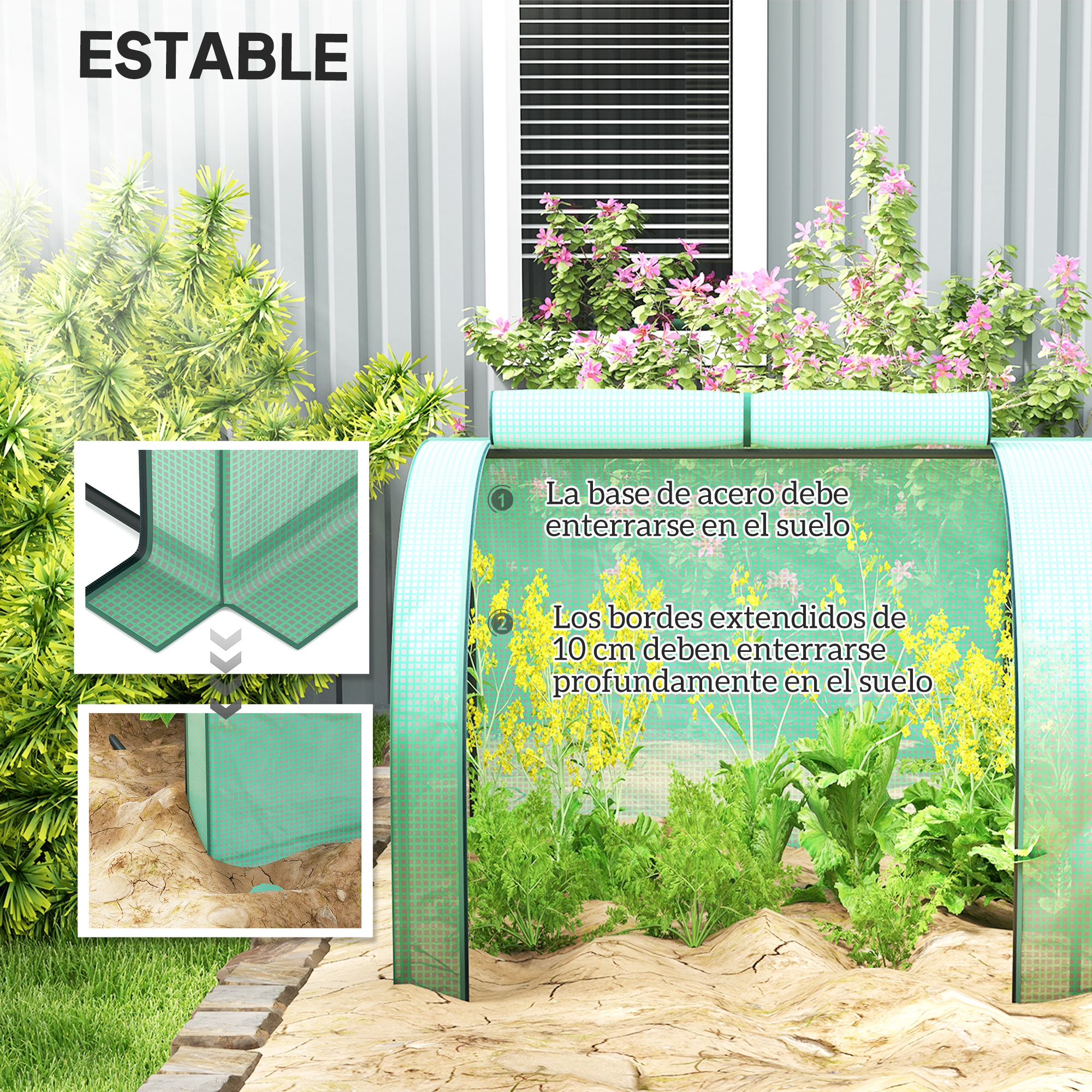 Un invernadero con plantas, mostrando instrucciones de instalación.