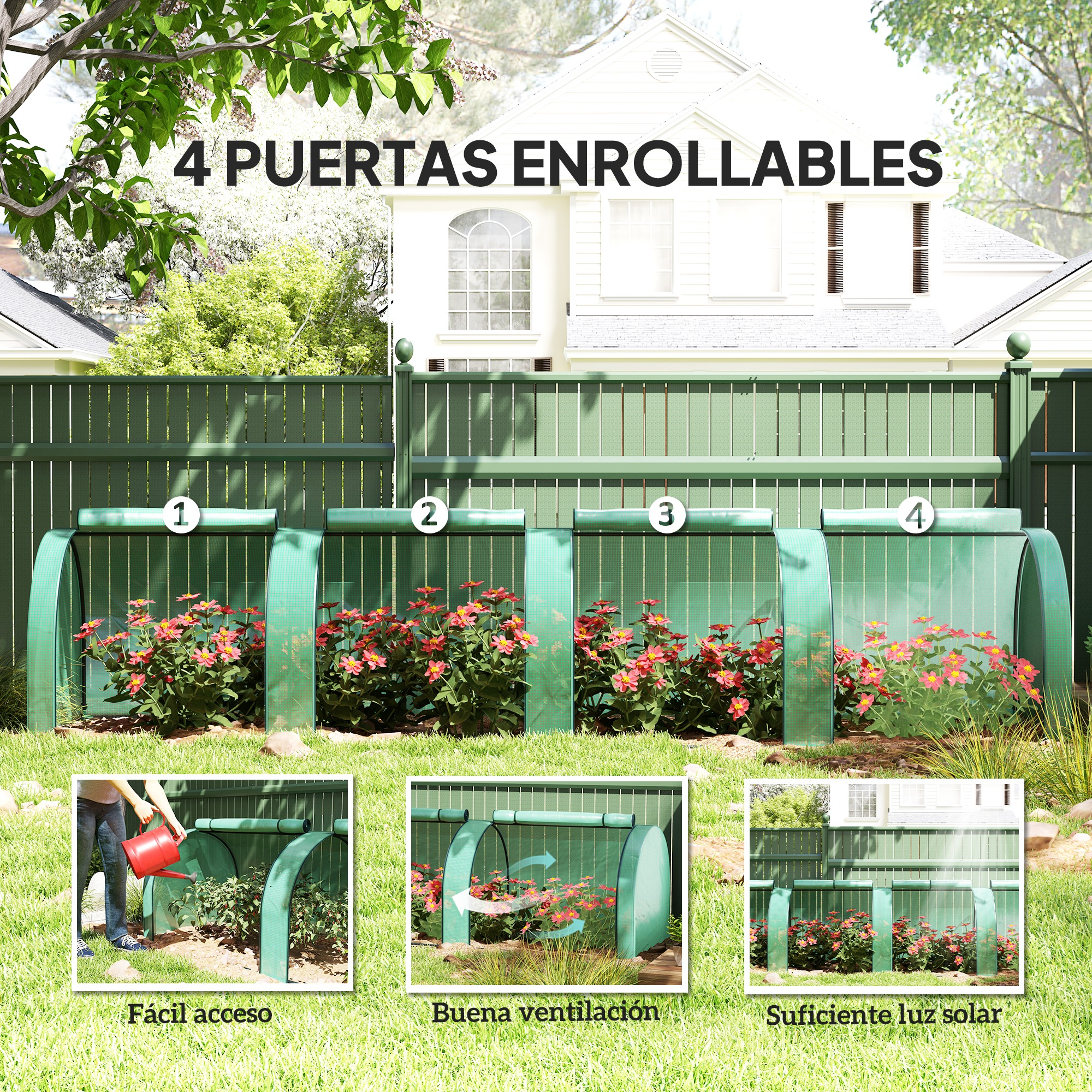 Cuatro cubiertas verdes para plantas con puertas enrollables numeradas.