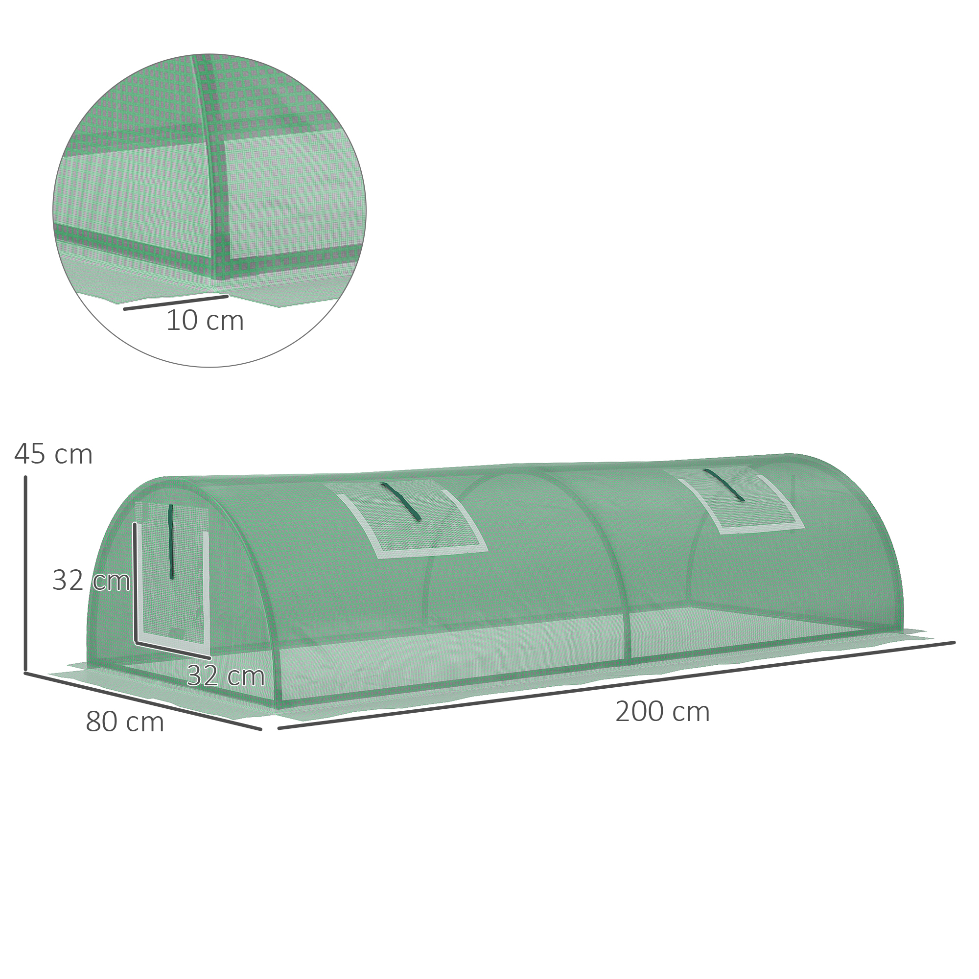 Mini invernadero verde con ventanas y puertas enrollables.