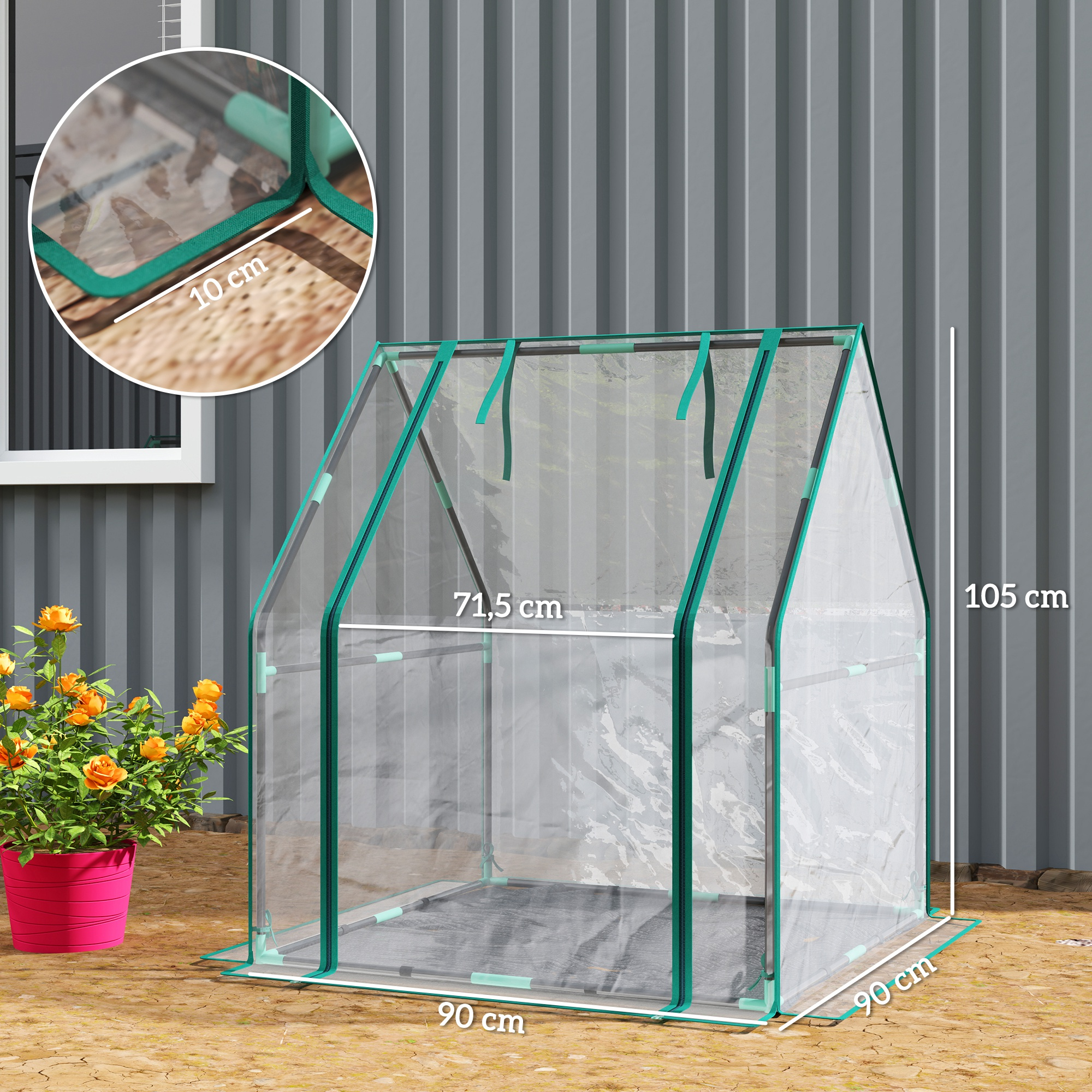 Una estructura de invernadero transparente con ribete verde y dimensiones.