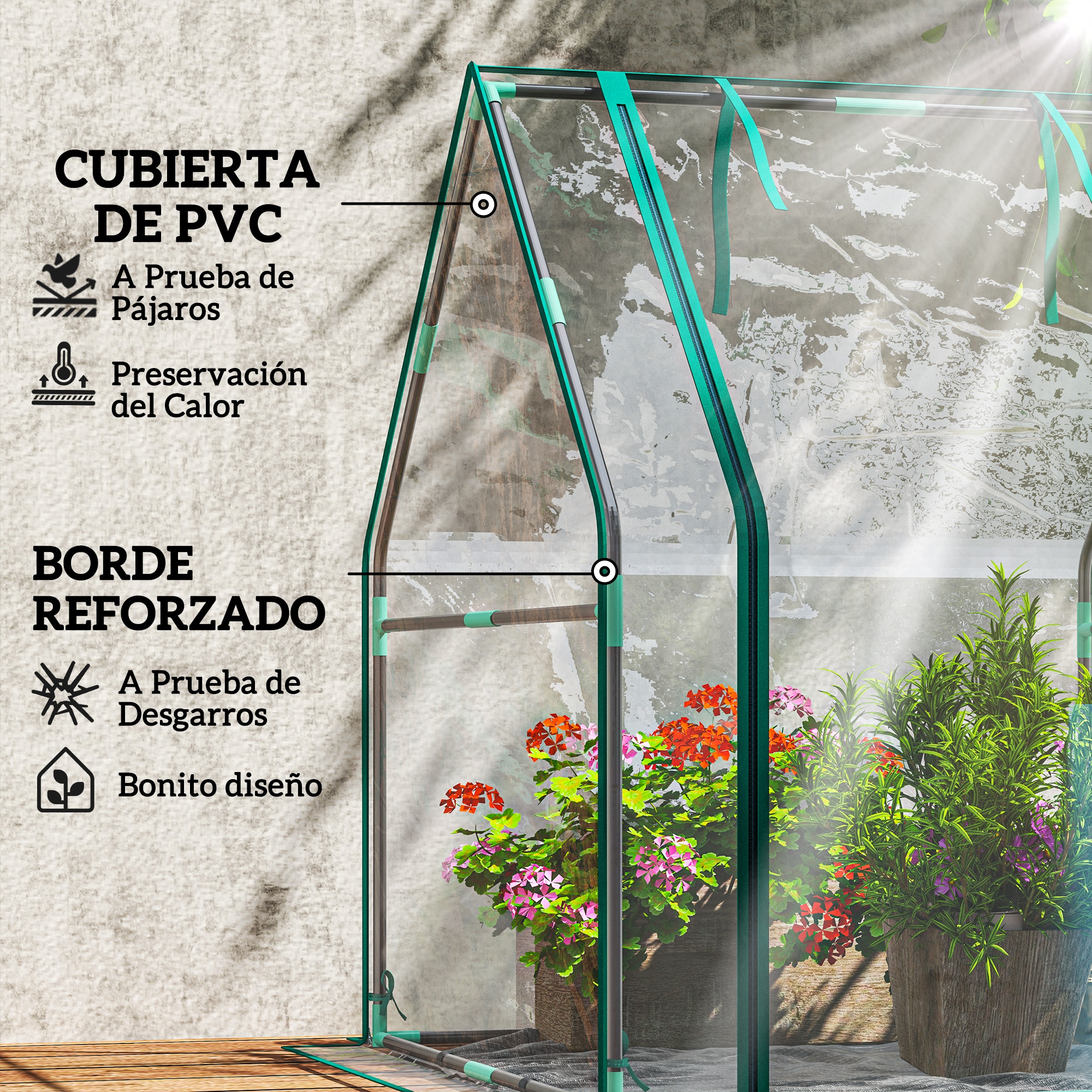Un invernadero verde con cubierta de PVC, marco metálico y plantas en macetas.