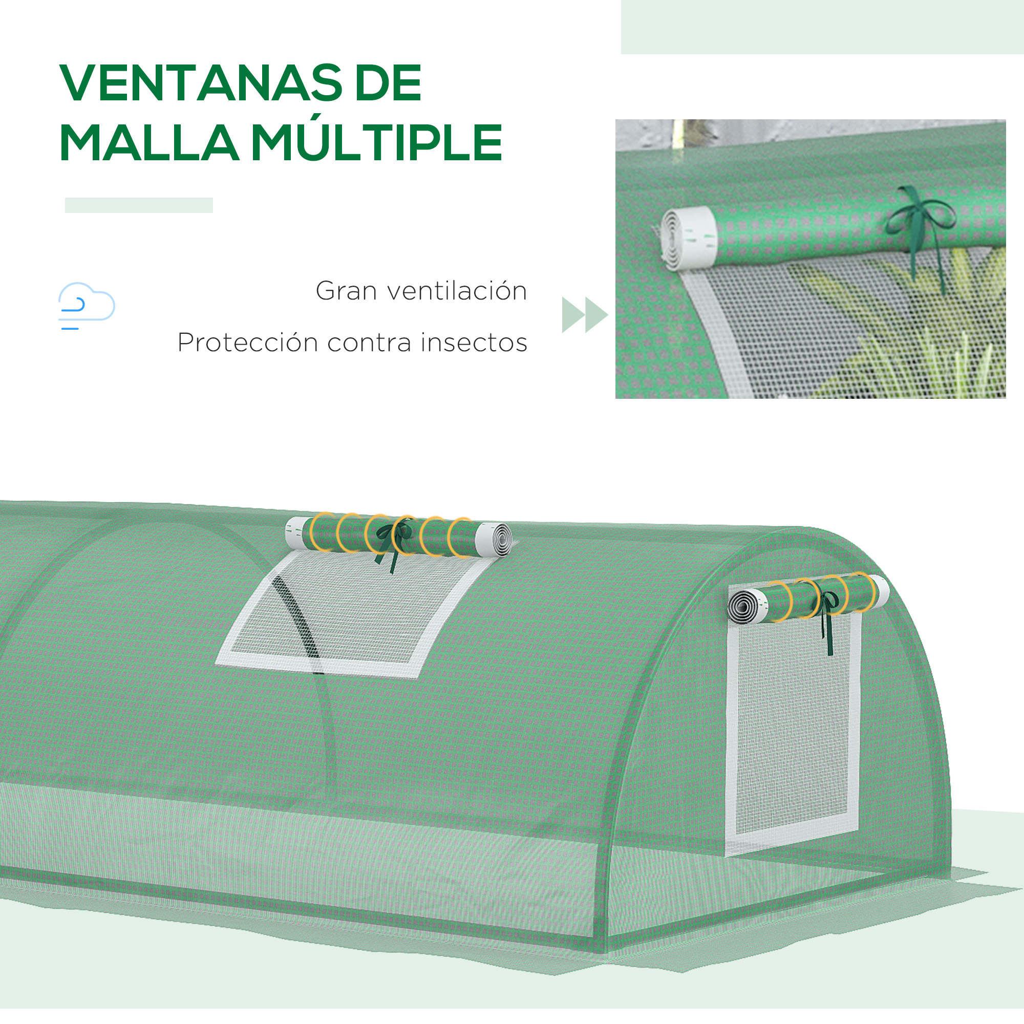 Invernadero verde con ventanas de malla enrollables para ventilación.