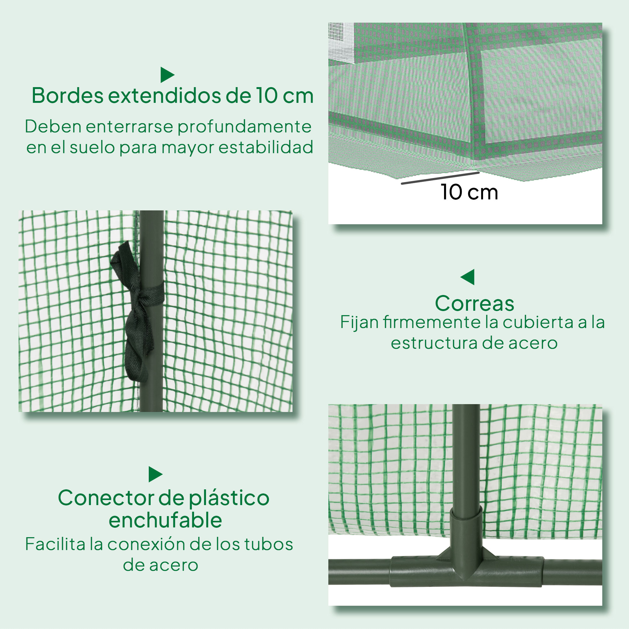 Detalles de invernadero: bordes extendidos de 10 cm, correas y conector.