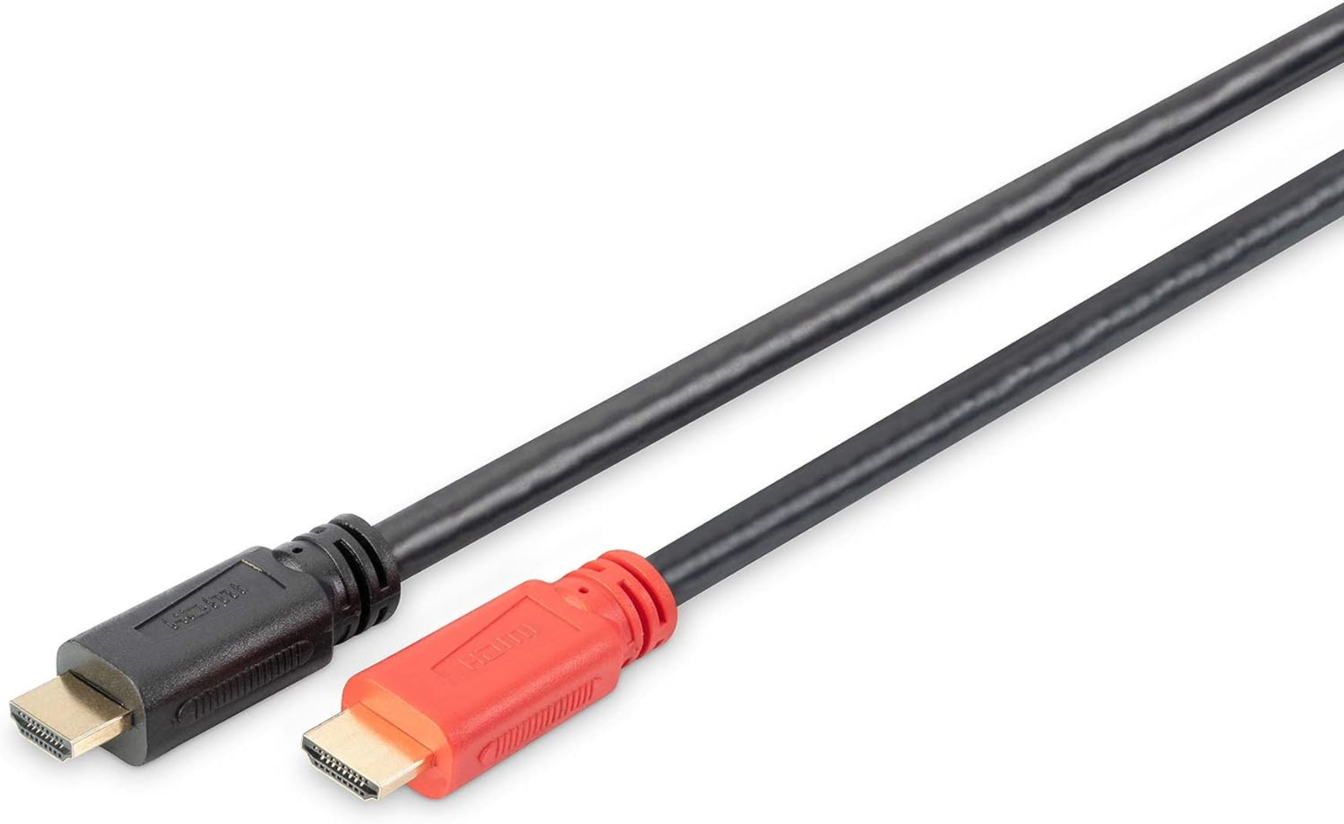 Biri siyah, diğeri kırmızı konektörlü iki HDMI kablosu yan yana duruyor.