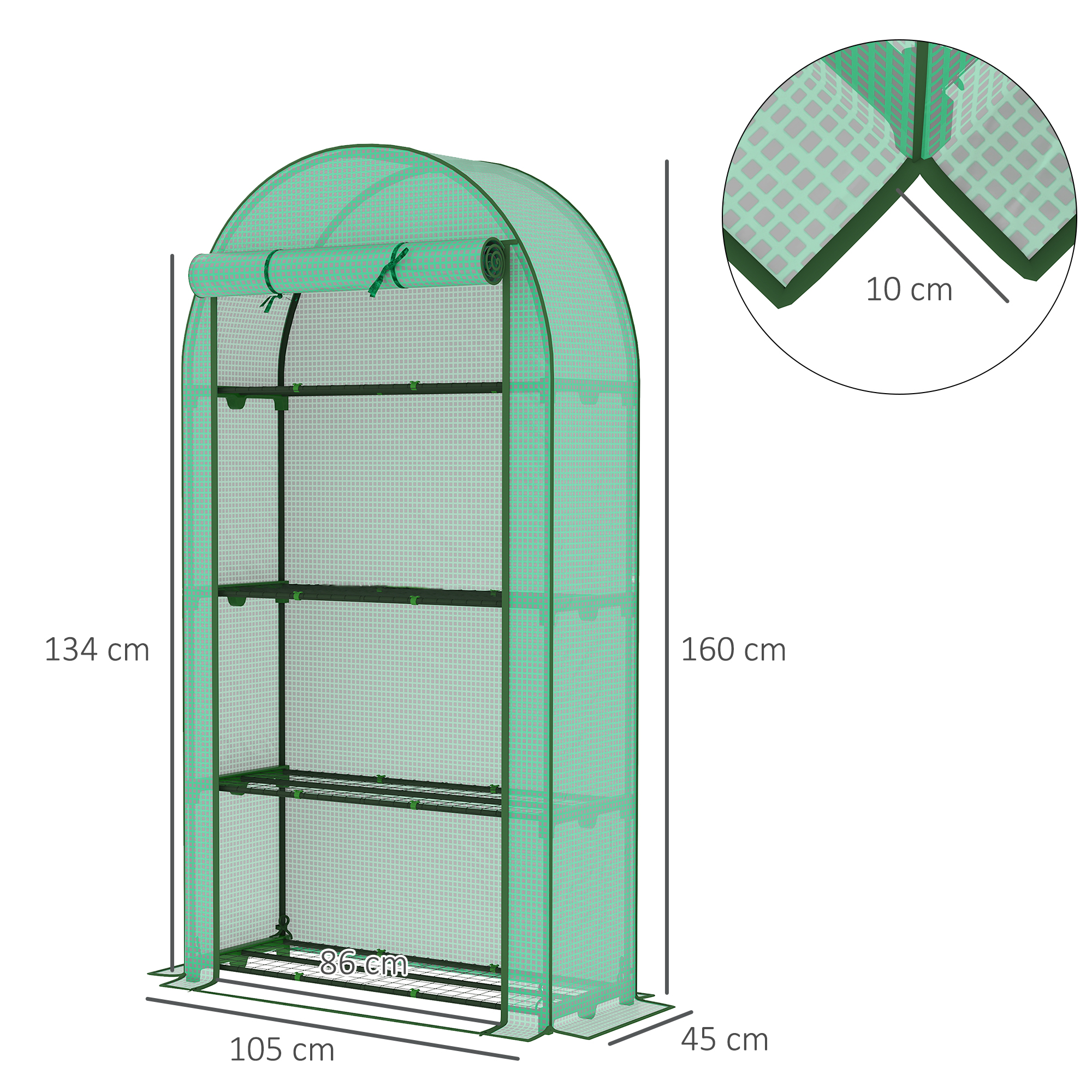 Un invernadero verde con tres estantes y puerta enrollable. Dimensiones: 160x105x45 cm.