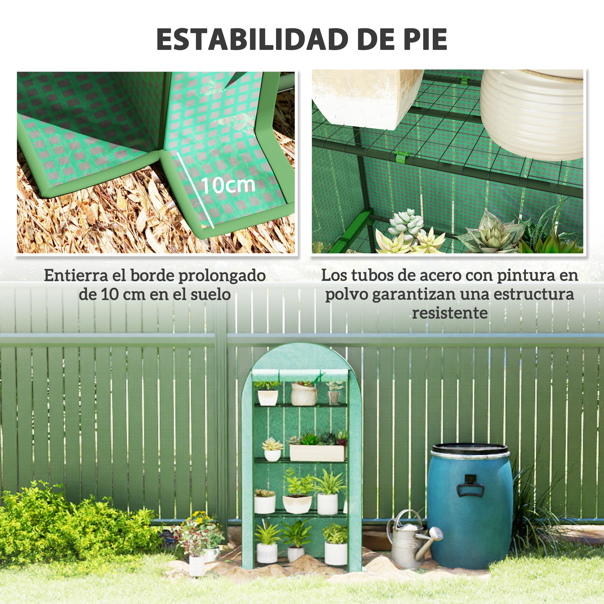 Un invernadero con plantas y accesorios al aire libre.
