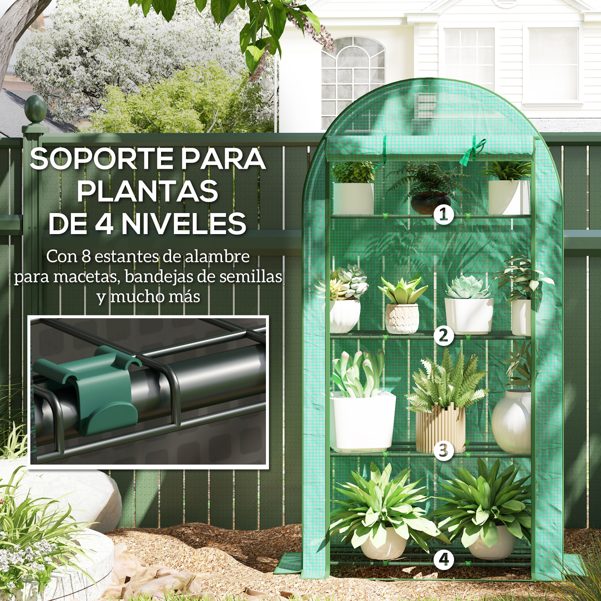 Un invernadero verde con varias plantas en cuatro niveles.