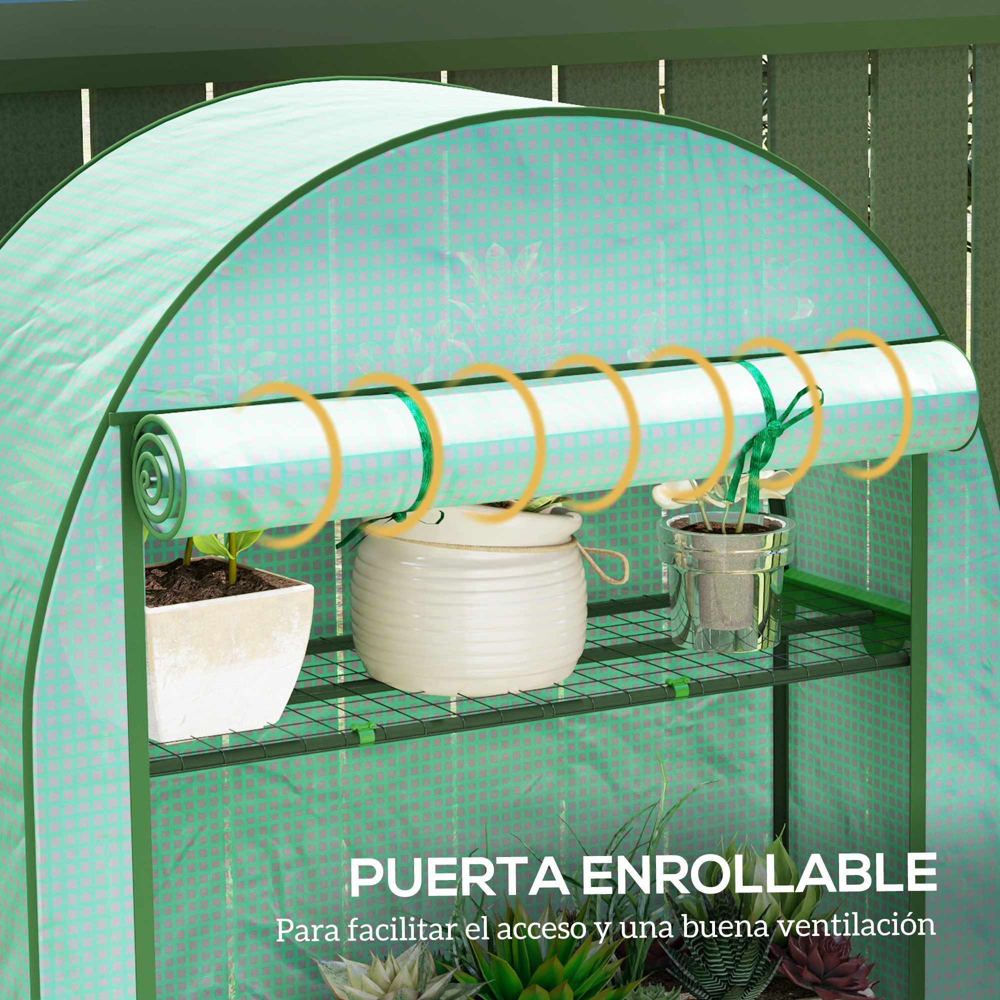 Un pequeño invernadero verde con puerta enrollable y plantas.