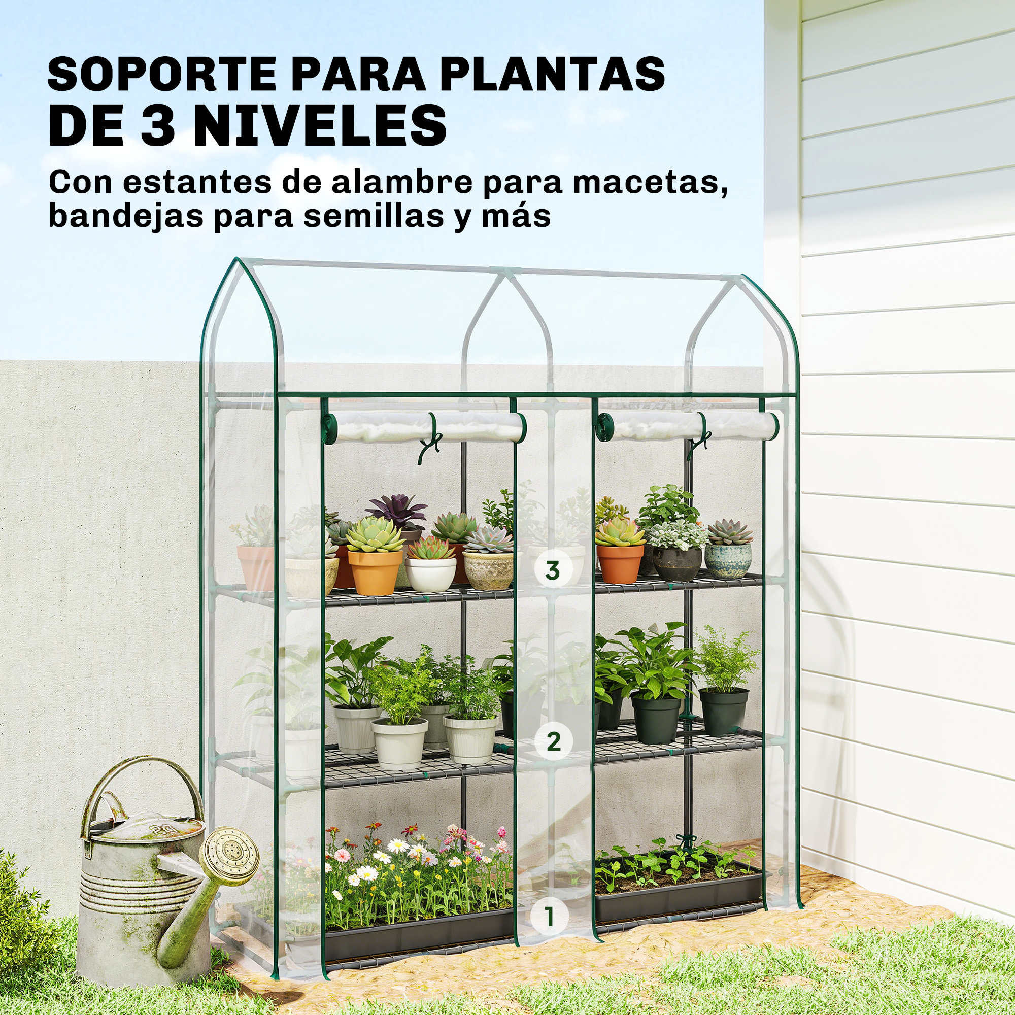 Un invernadero de 3 niveles lleno de plantas, con una regadera delante.