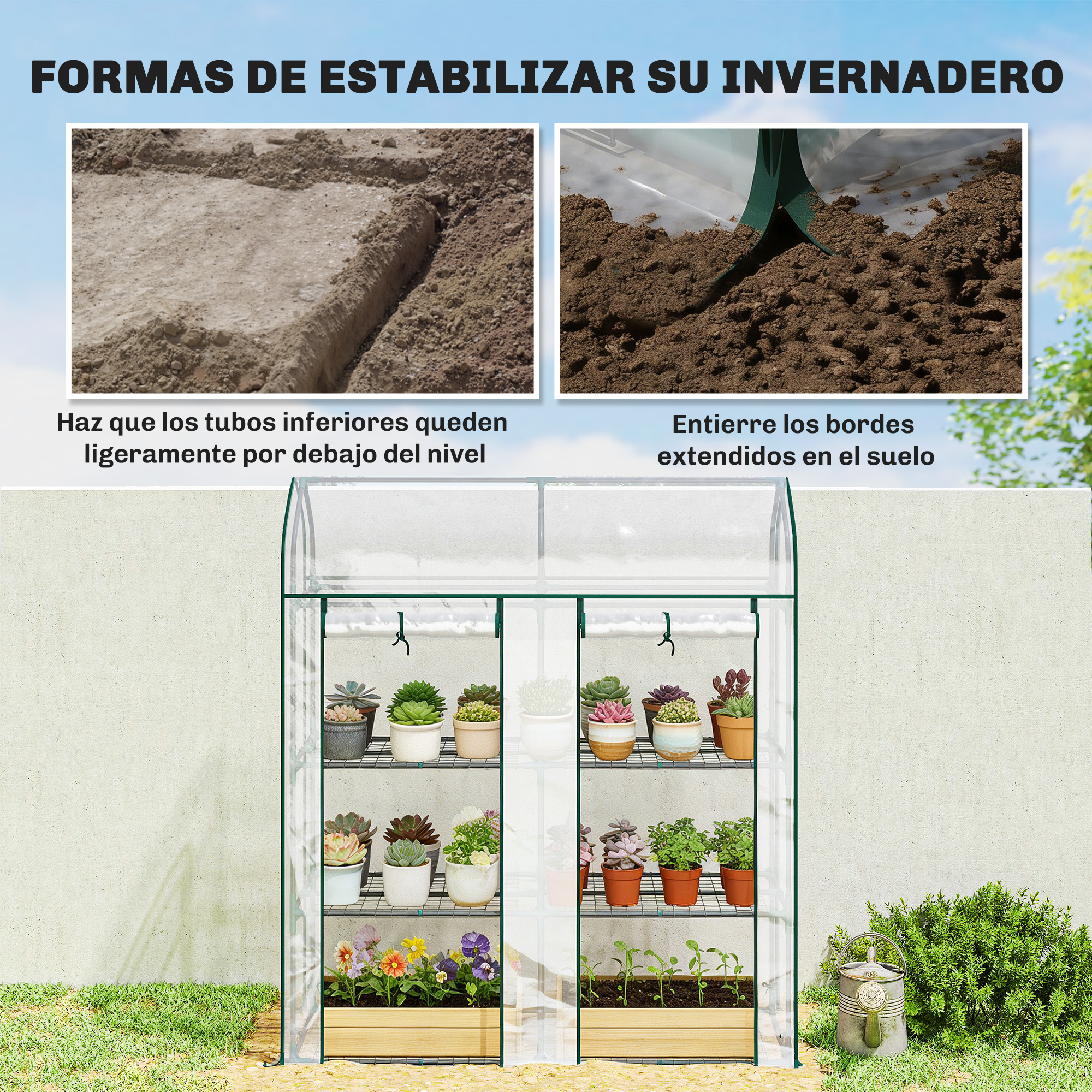 Invernadero con plantas en estantes y regadera cerca.