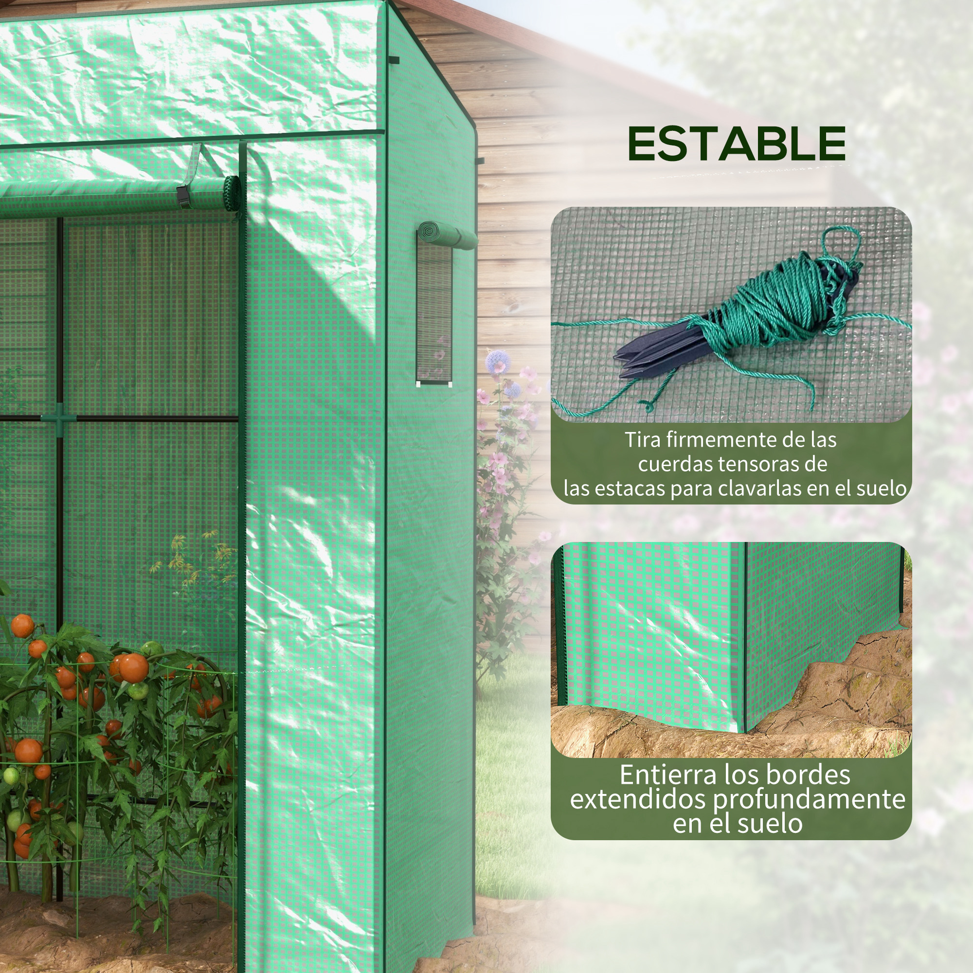 Un invernadero verde con plantas de tomate y materiales de anclaje.