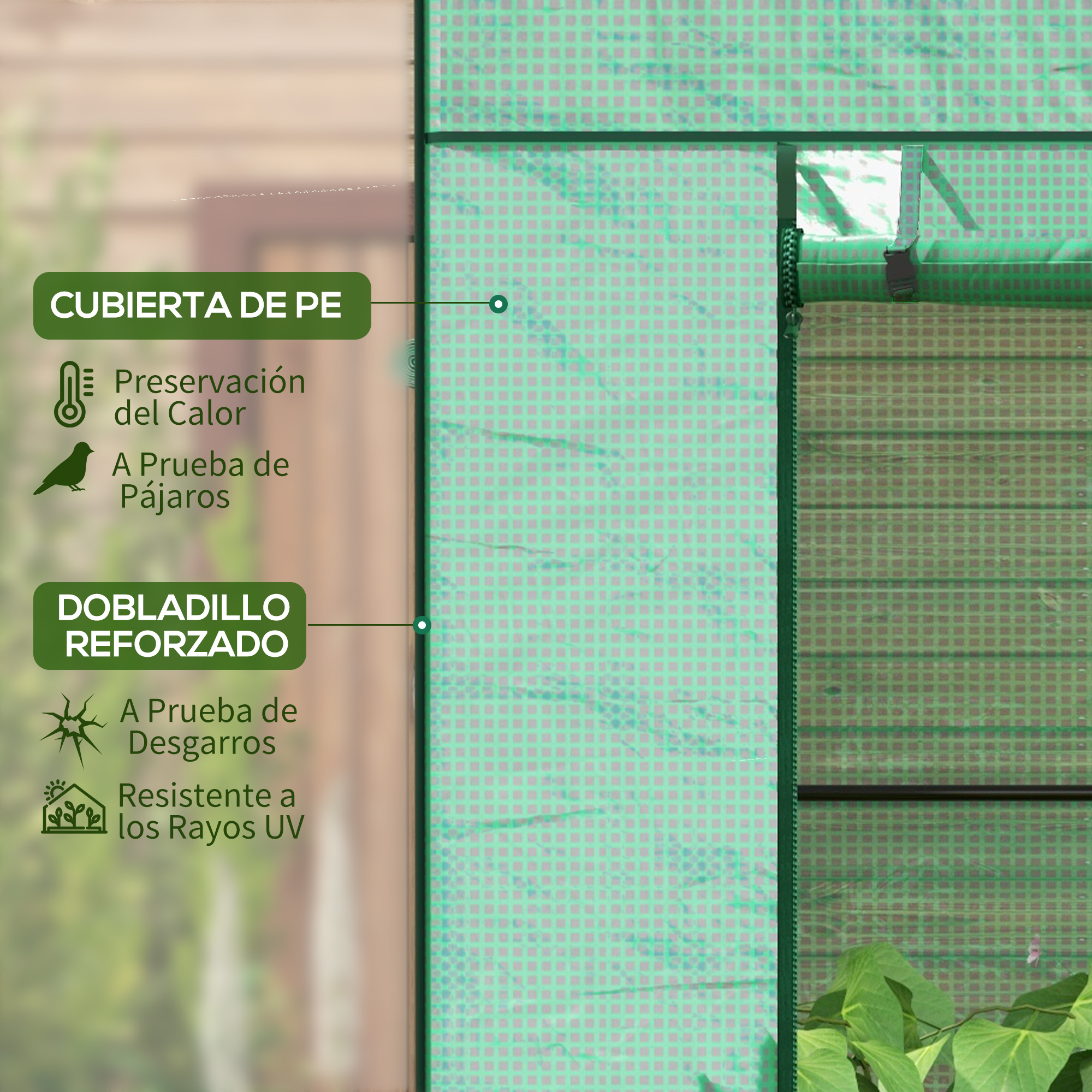 Cubierta de PE verde, preserva calor, a prueba de pájaros, dobladillo reforzado.