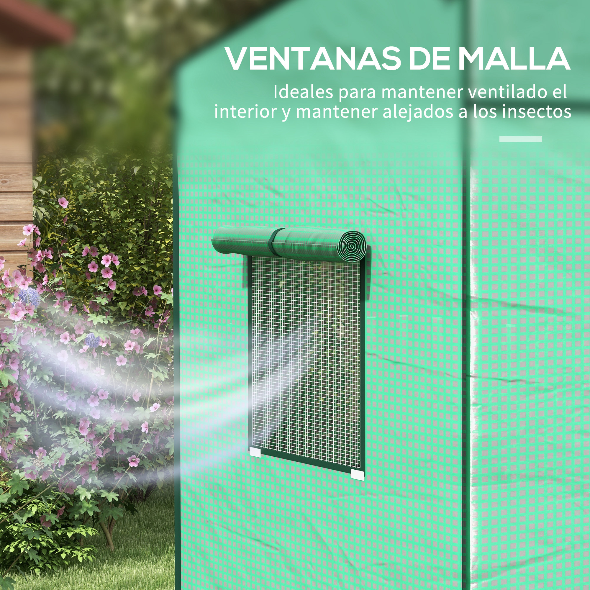 Invernadero verde con ventana de malla y plantas florecientes al lado.
