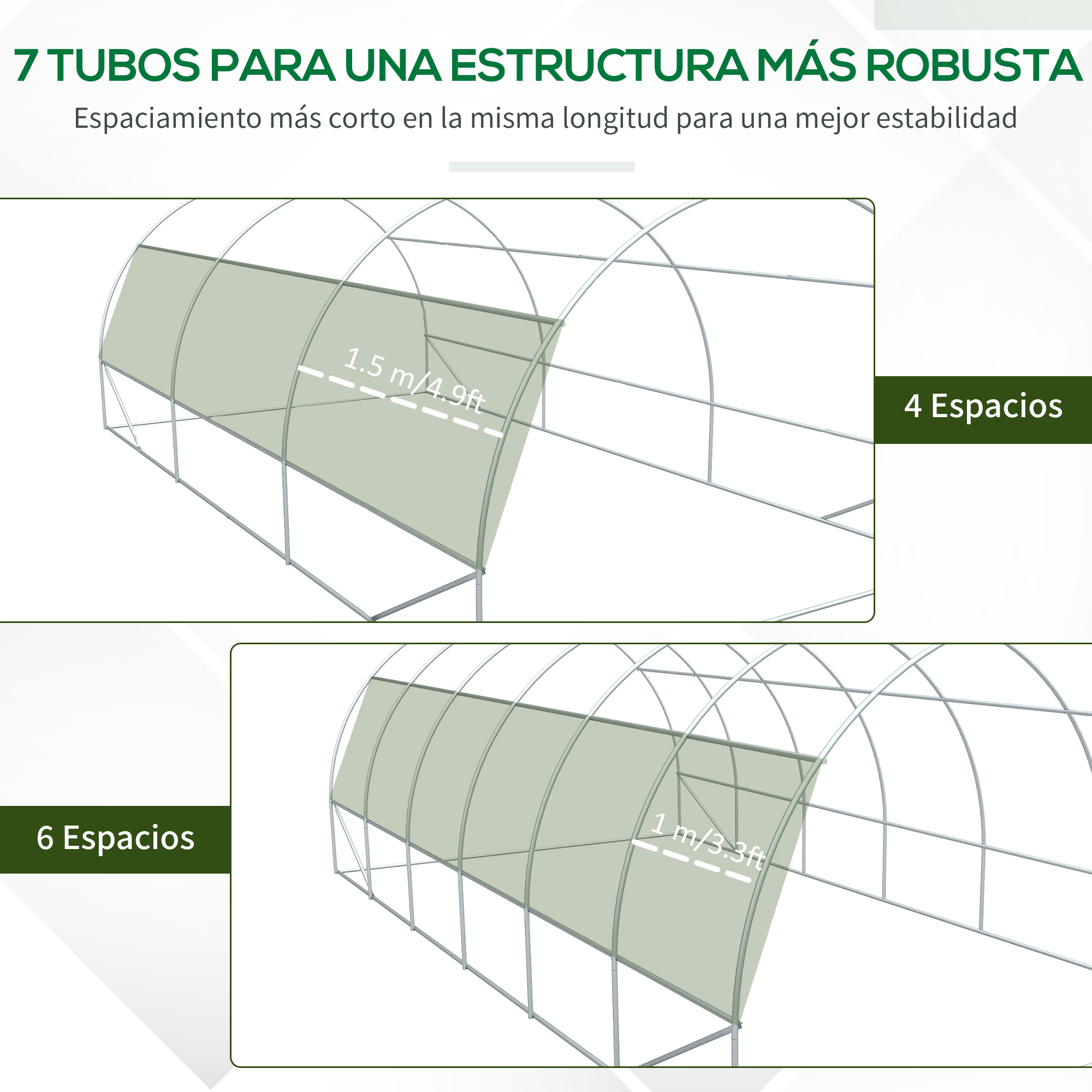 Dos estructuras de invernadero con diferente espaciado y etiquetas.